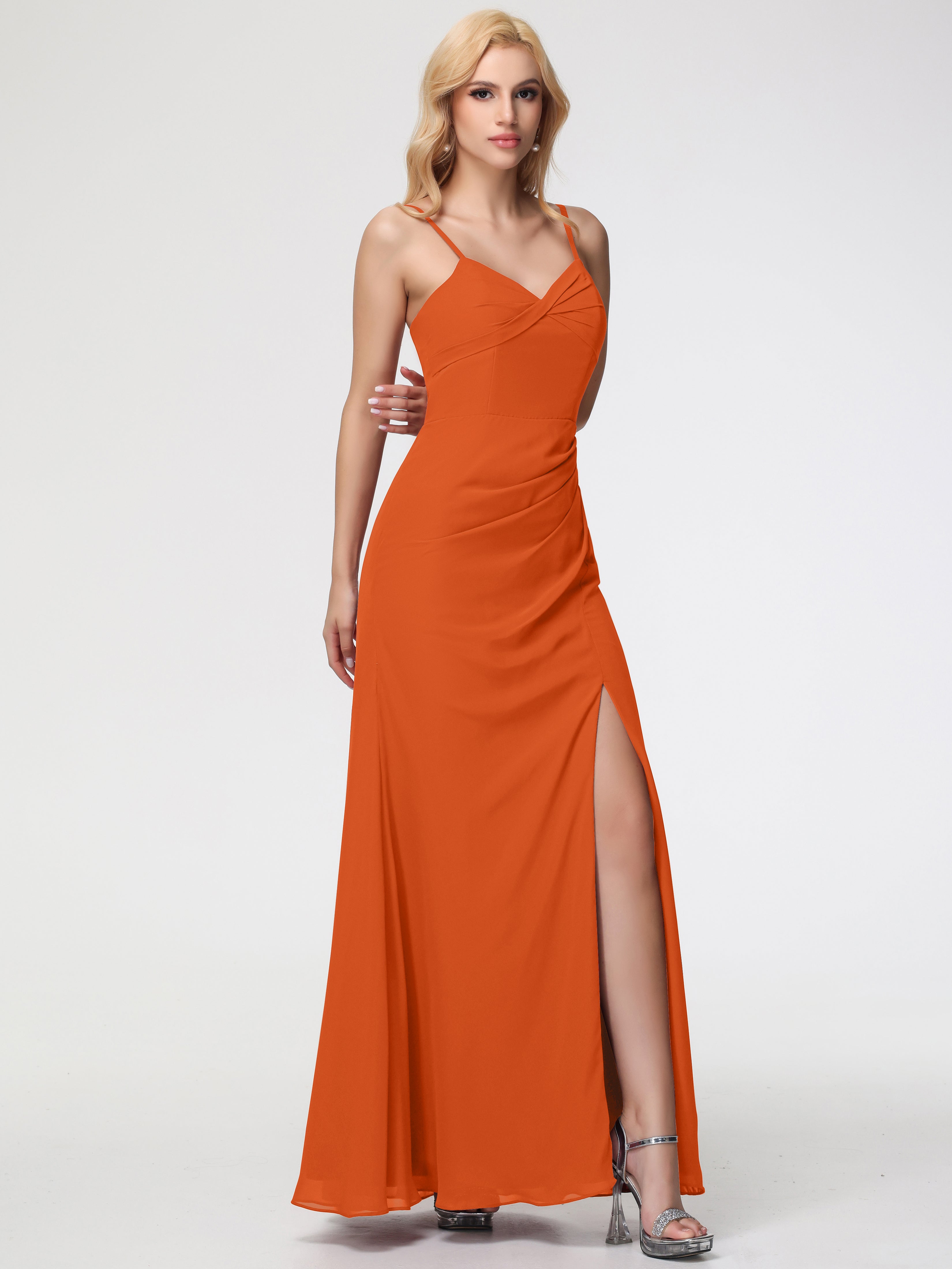 Robe Demoiselle D Honneur Orange Brulé Bretelles Spaghetti Fendue Fourreau/Colonne Mousseline Robe Demoiselle D'Honneur