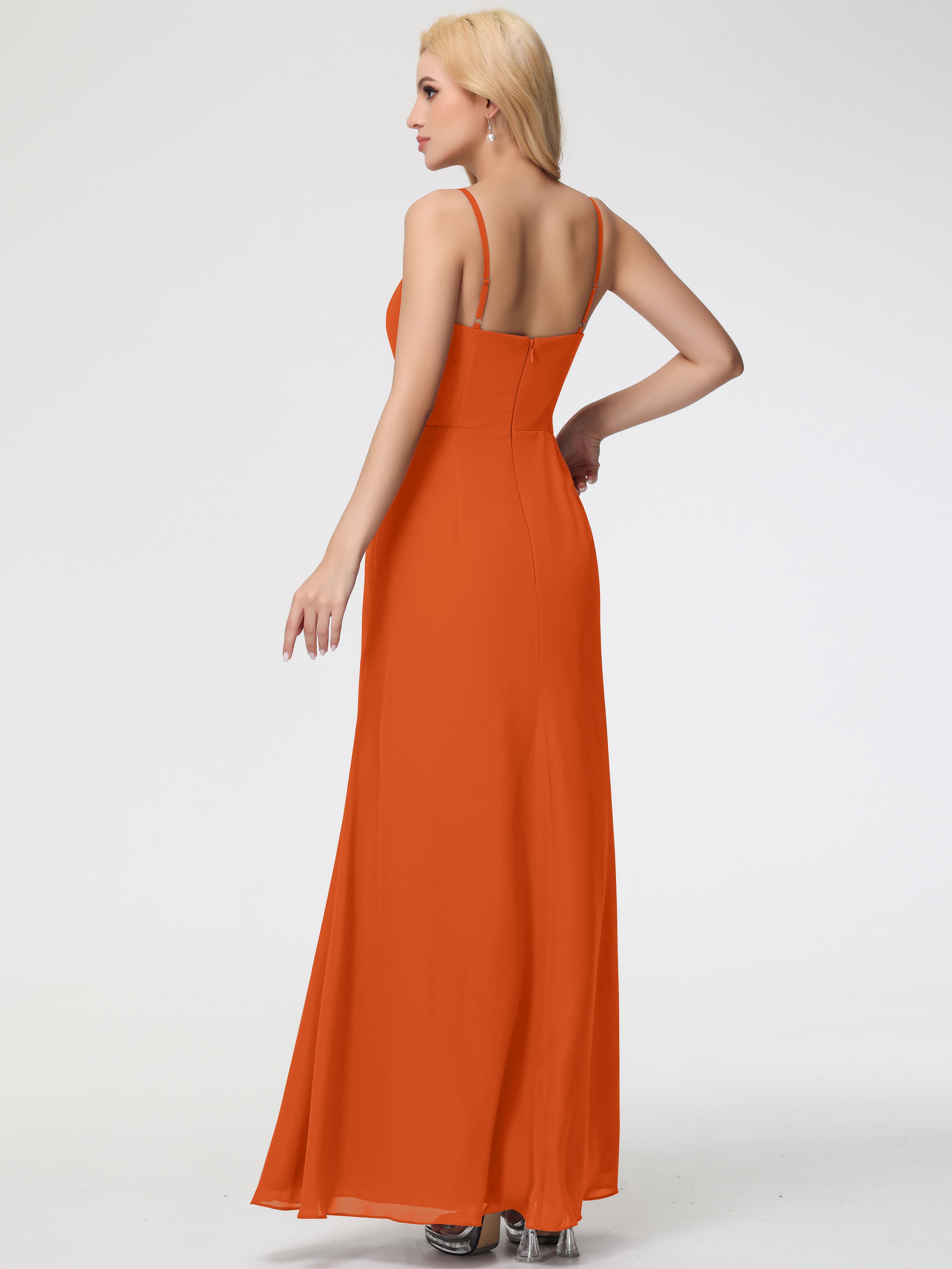 Robe Demoiselle D Honneur Orange Brulé Bretelles Spaghetti Fendue Fourreau/Colonne Mousseline Robe Demoiselle D'Honneur