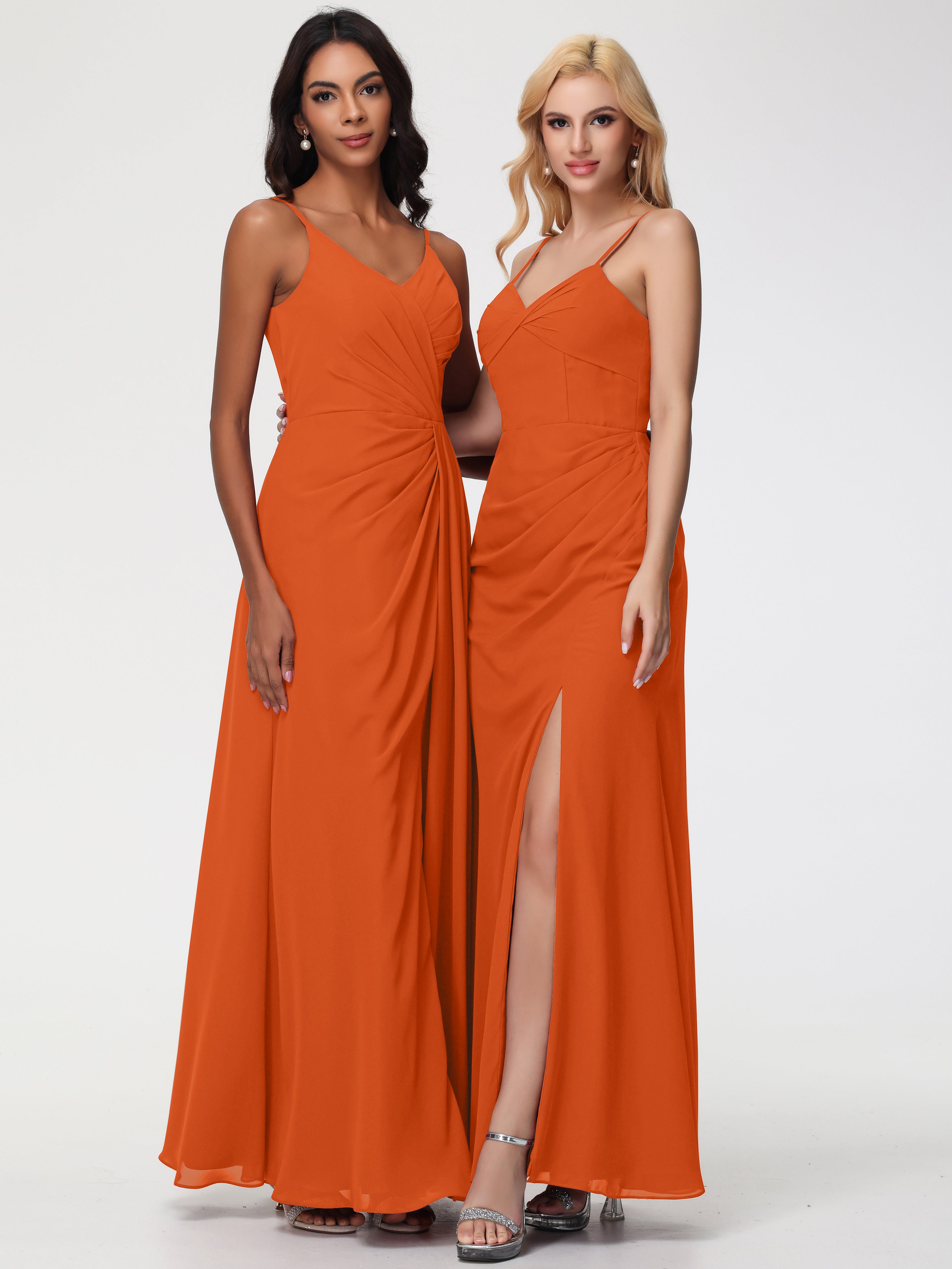 Robe Demoiselle D Honneur Orange Brulé Bretelles Spaghetti Fendue Fourreau/Colonne Mousseline Robe Demoiselle D'Honneur