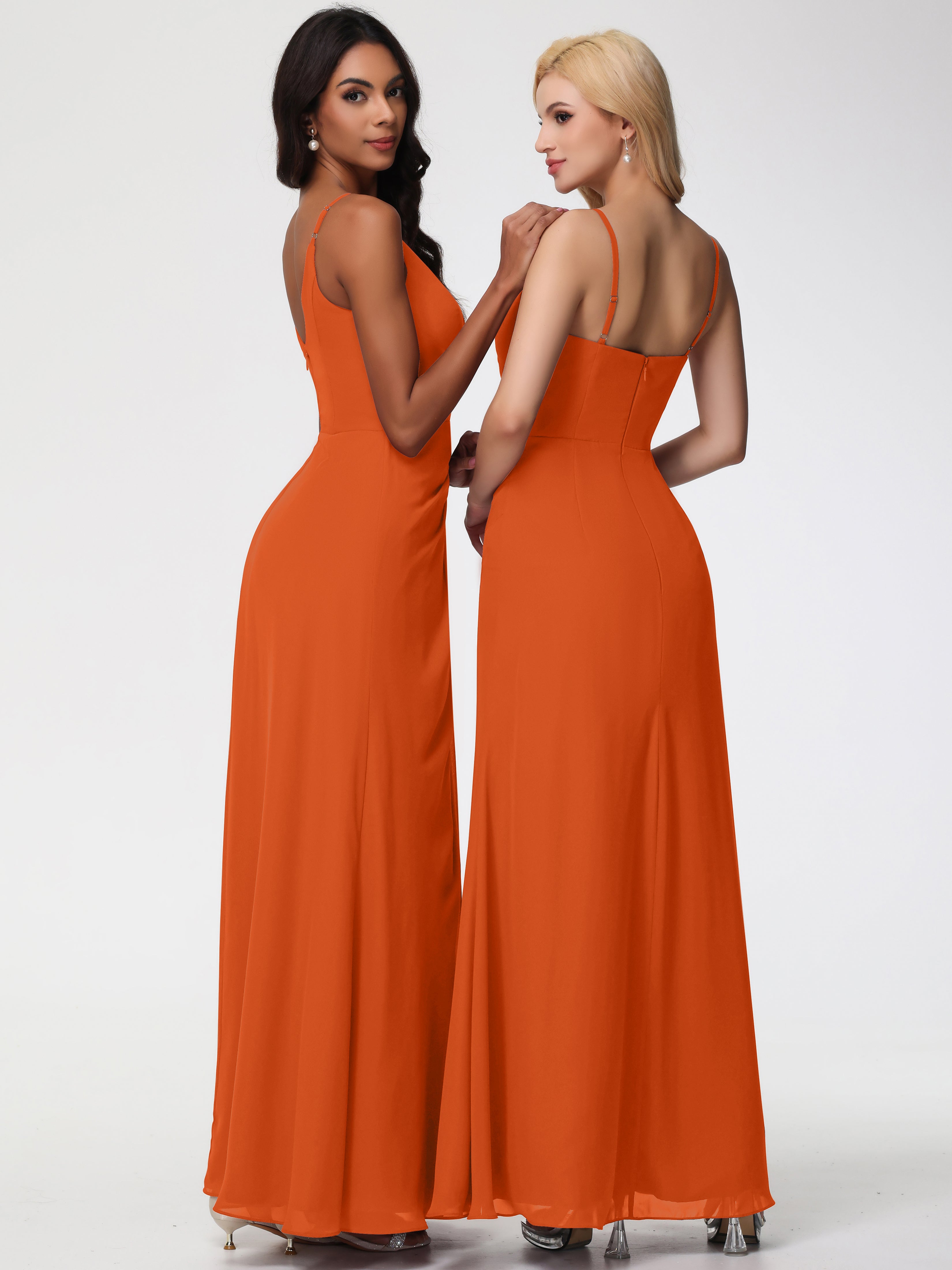 Robe Demoiselle D Honneur Orange Brulé Bretelles Spaghetti Fendue Fourreau/Colonne Mousseline Robe Demoiselle D'Honneur