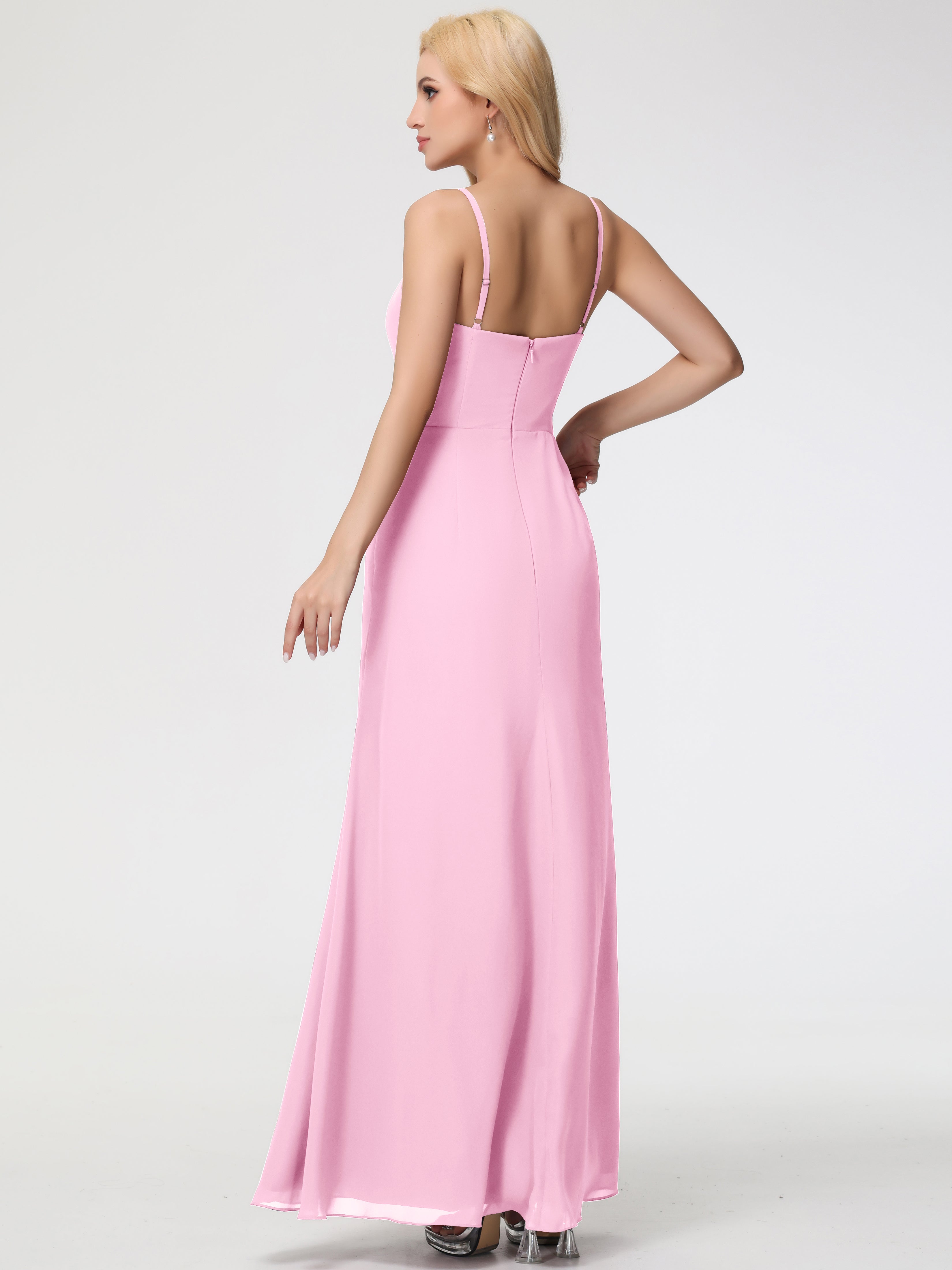 Robe Demoiselle D Honneur Rose Bonbon Bretelles Spaghetti Fendue Fourreau/Colonne Mousseline Robe Demoiselle D'Honneur