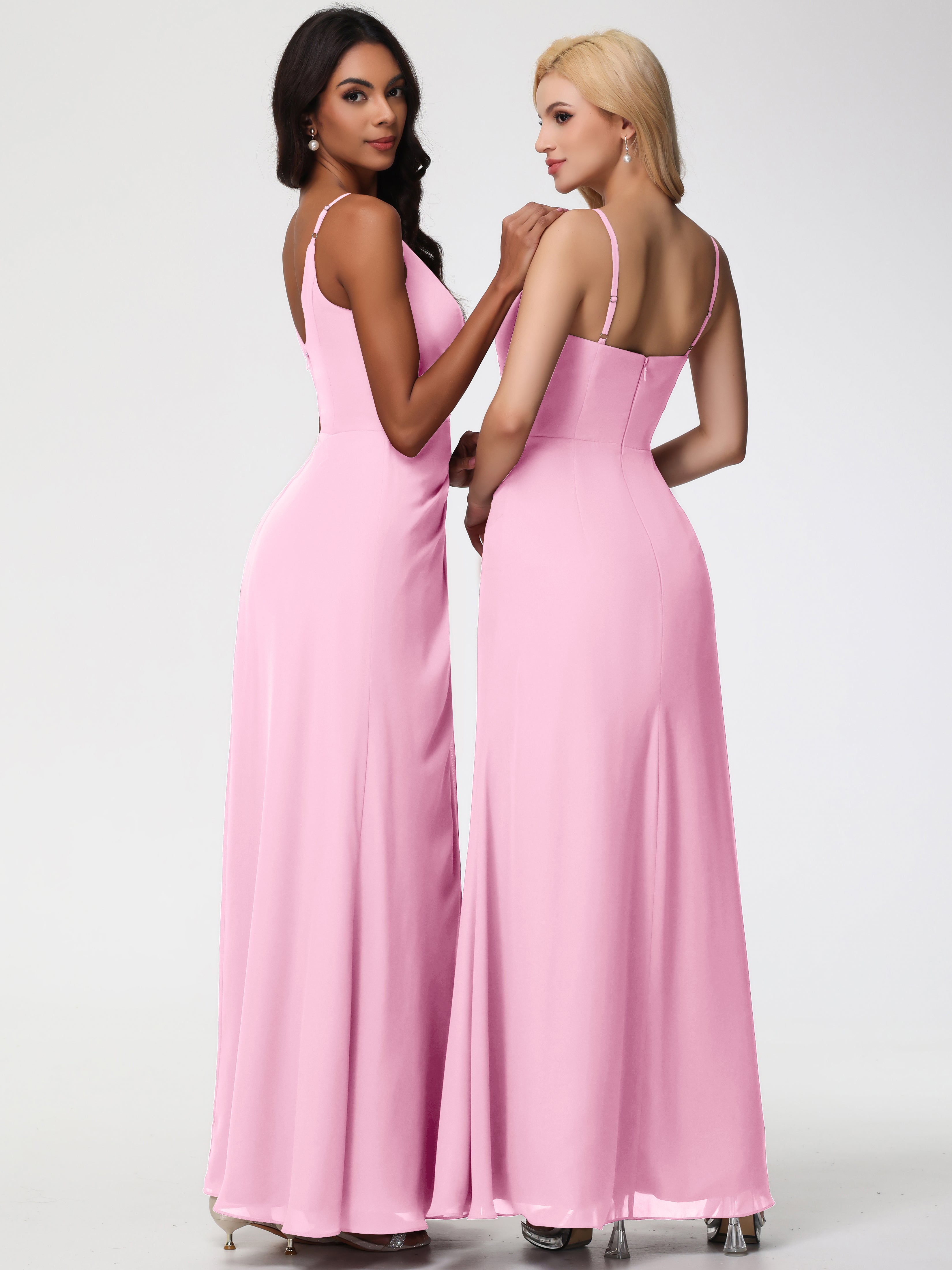 Robe Demoiselle D Honneur Rose Bonbon Bretelles Spaghetti Fendue Fourreau/Colonne Mousseline Robe Demoiselle D'Honneur