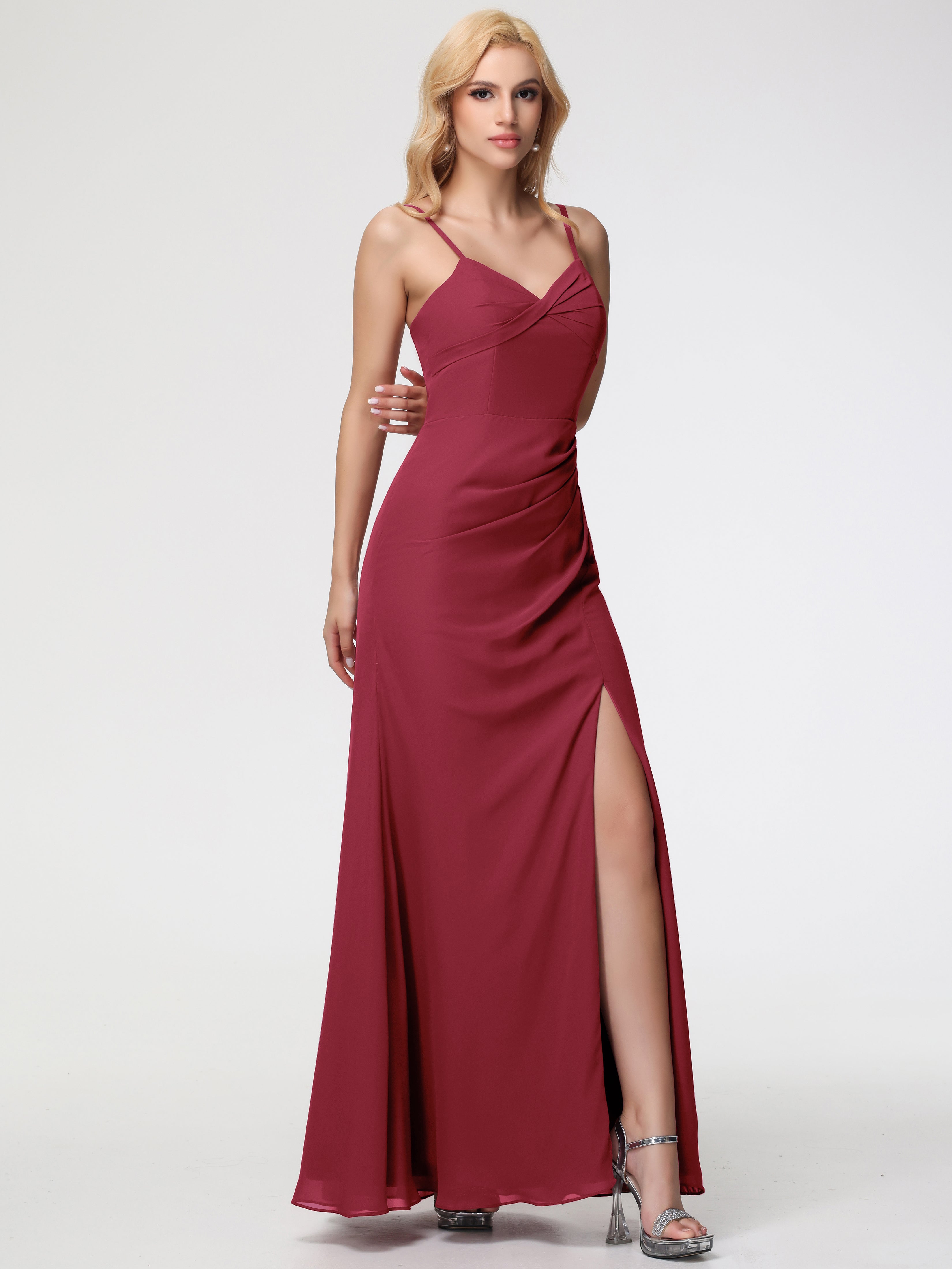 Rose Cannelle Bretelles Spaghetti Fendue Fourreau/Colonne Mousseline Robe Demoiselle D'Honneur