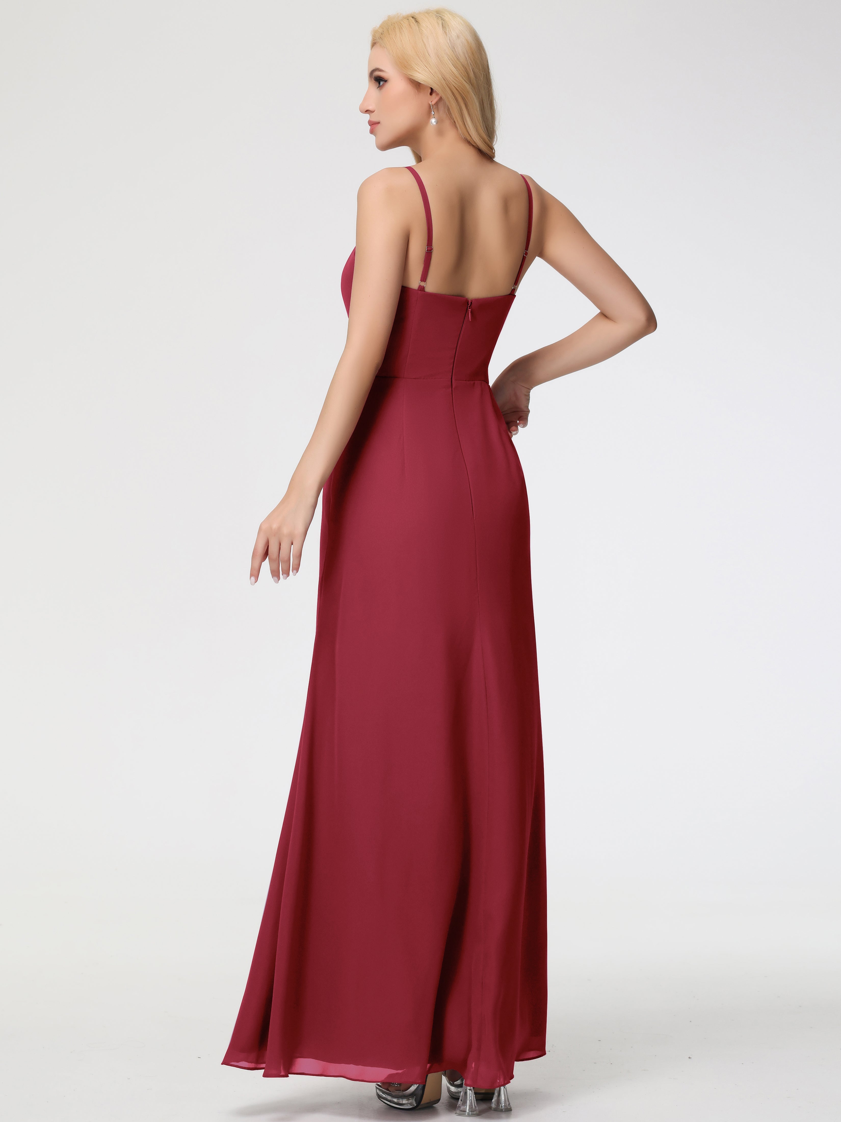 Rose Cannelle Bretelles Spaghetti Fendue Fourreau/Colonne Mousseline Robe Demoiselle D'Honneur