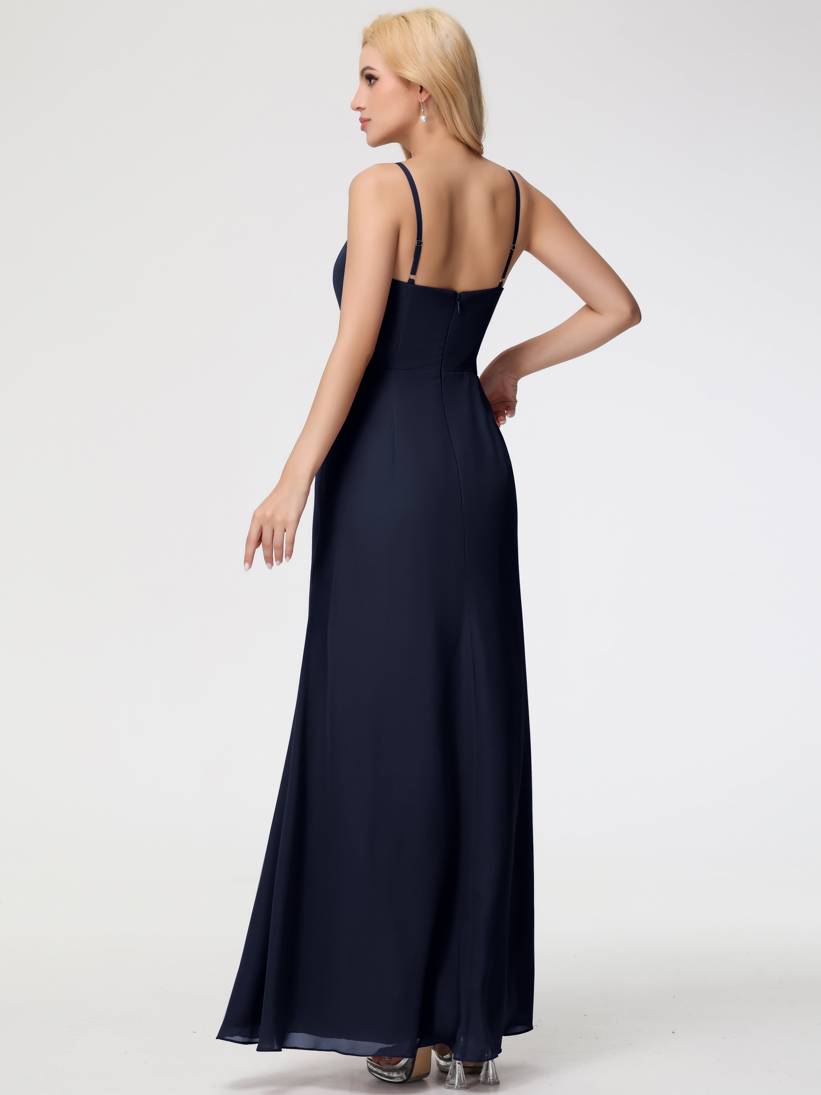 Robe Demoiselle Dhonneur Bleu Marine Bretelles Spaghetti Fendue Fourreau/Colonne Mousseline Robe Demoiselle D'Honneur