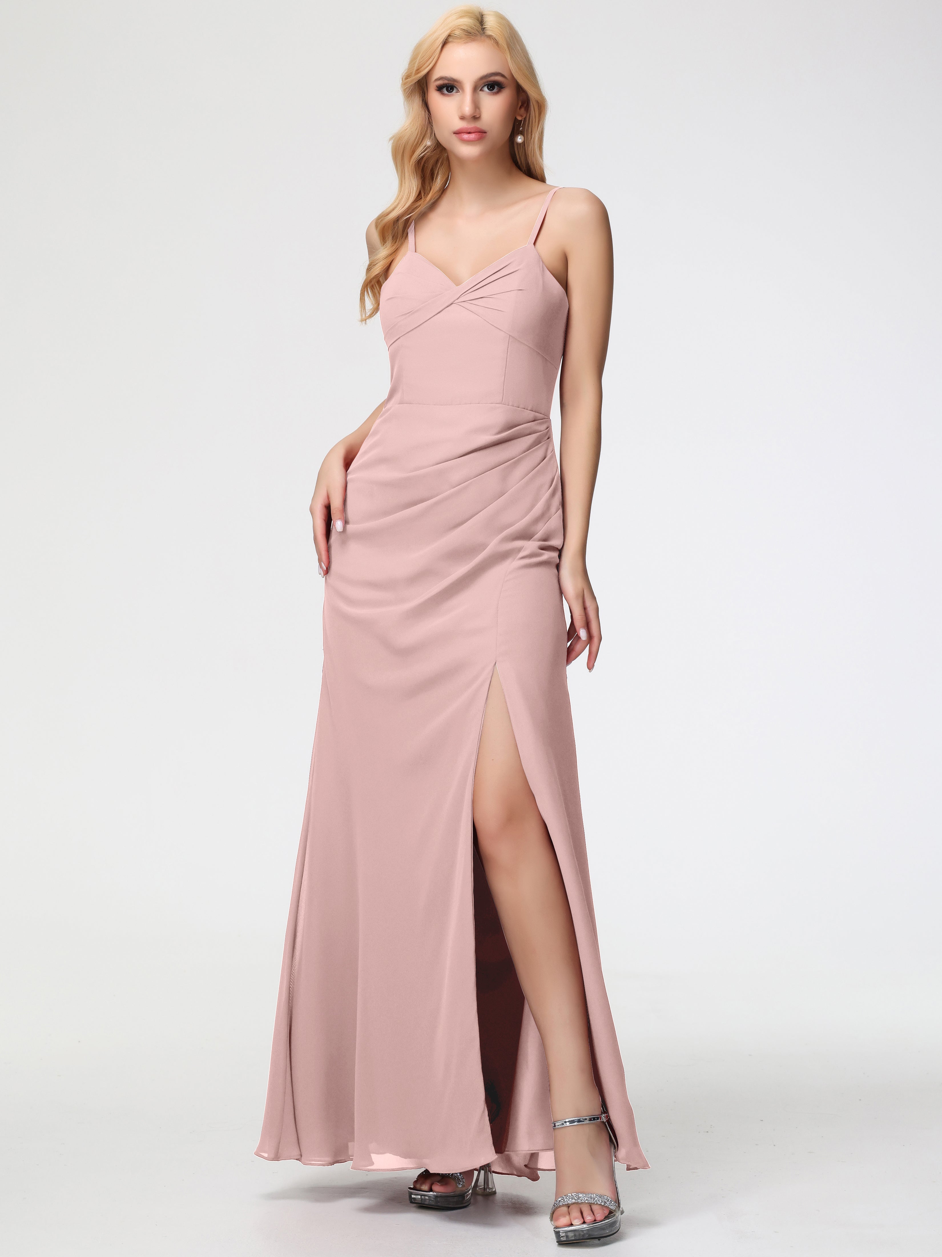 Robe Demoiselle D Honneur Rose Poudrée Bretelles Spaghetti Fendue Fourreau/Colonne Mousseline Robe Demoiselle D'Honneur