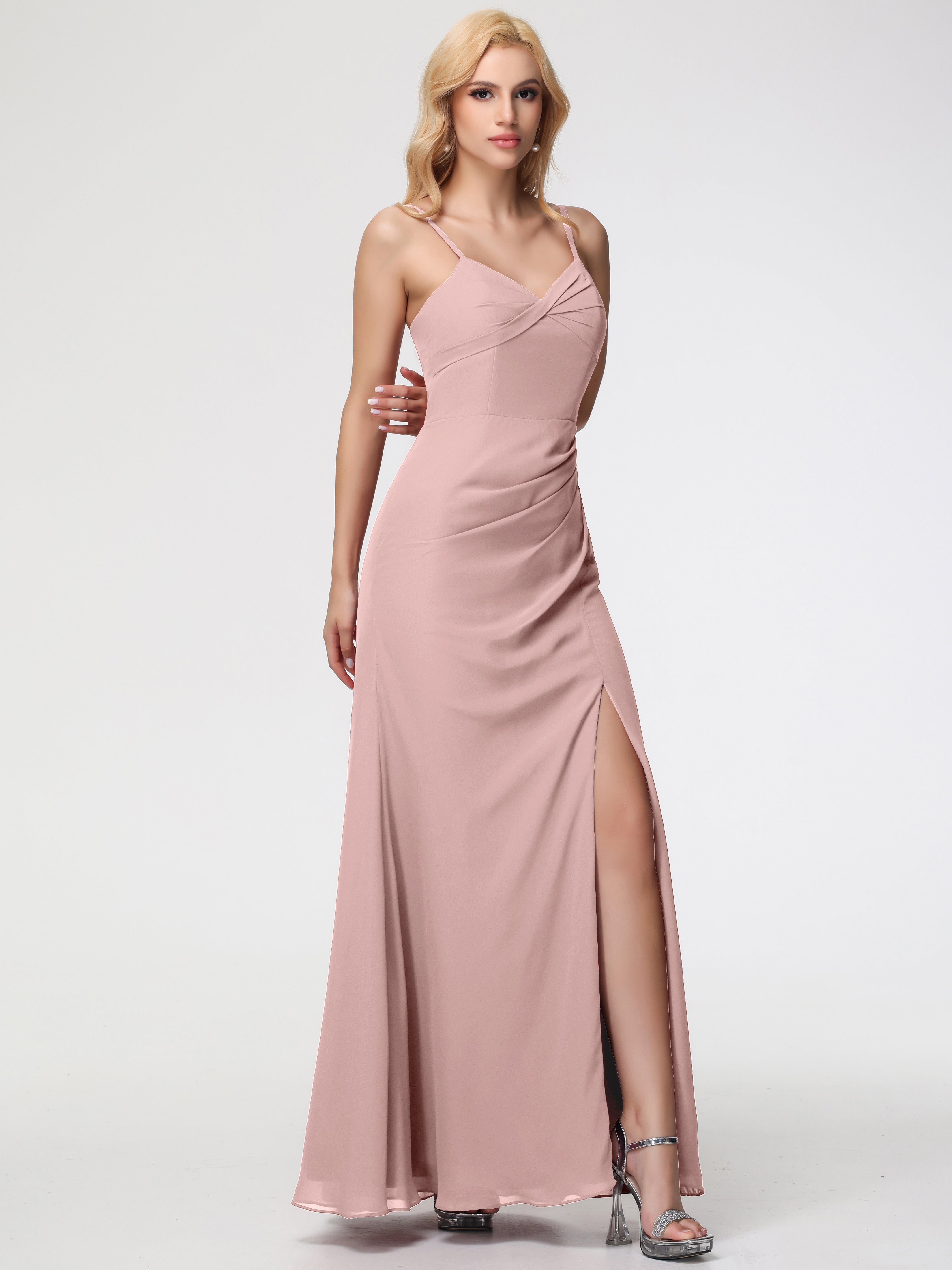 Robe Demoiselle D Honneur Rose Poudrée Bretelles Spaghetti Fendue Fourreau/Colonne Mousseline Robe Demoiselle D'Honneur