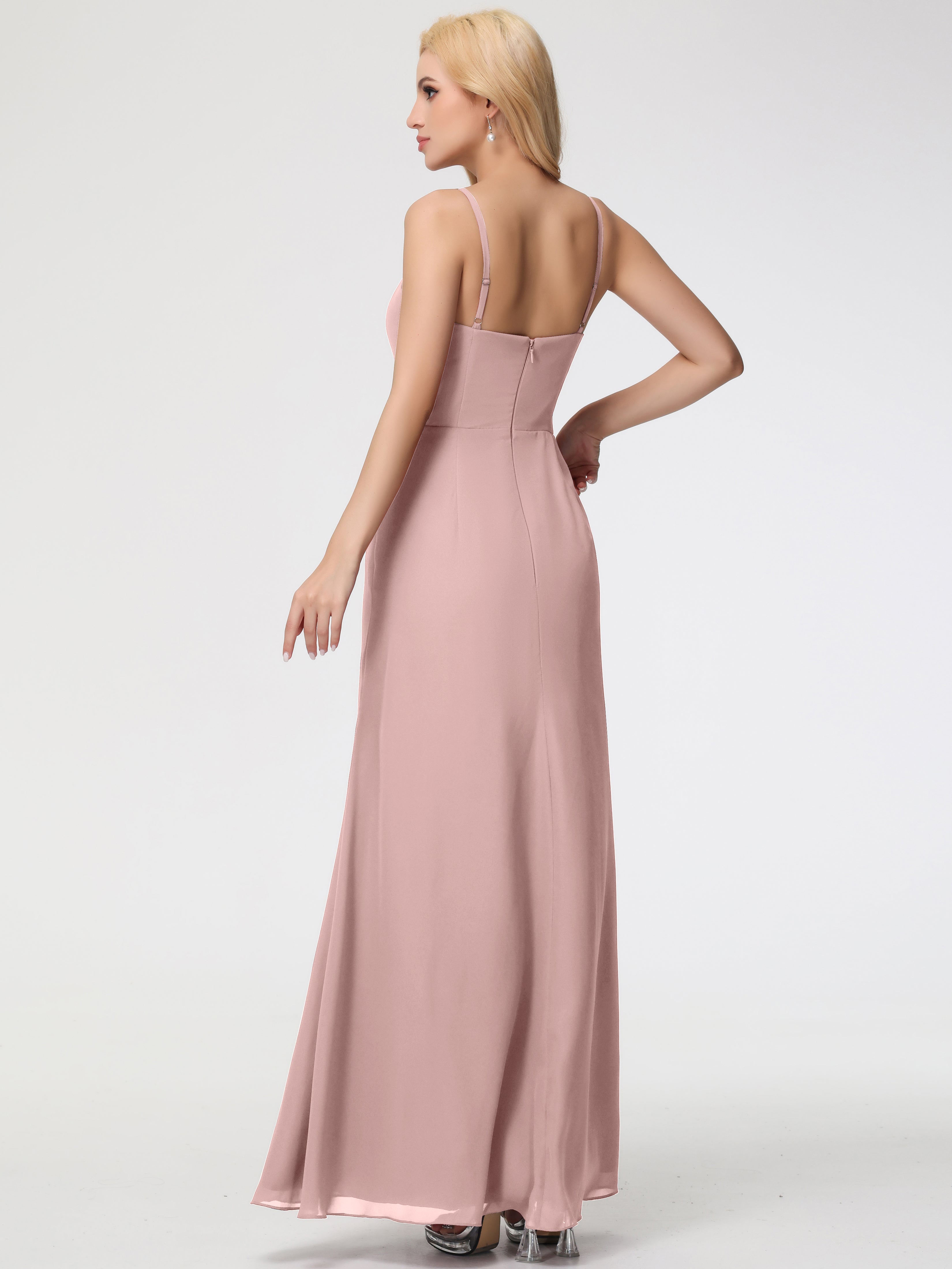 Robe Demoiselle D Honneur Rose Poudrée Bretelles Spaghetti Fendue Fourreau/Colonne Mousseline Robe Demoiselle D'Honneur