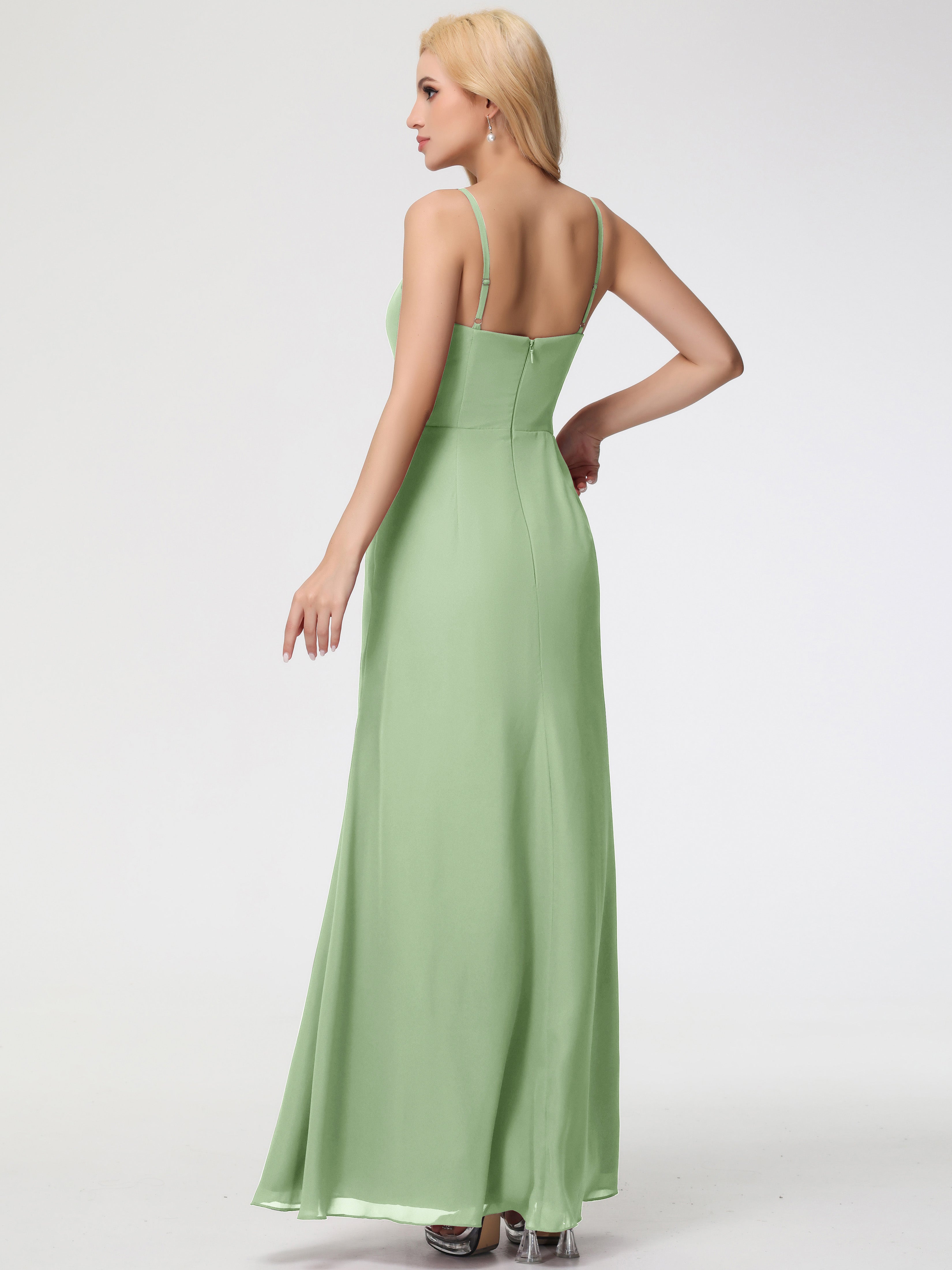 Robe Demoiselle D Honneur Sauge Poudré Bretelles Spaghetti Fendue Fourreau/Colonne Mousseline Robe Demoiselle D'Honneur