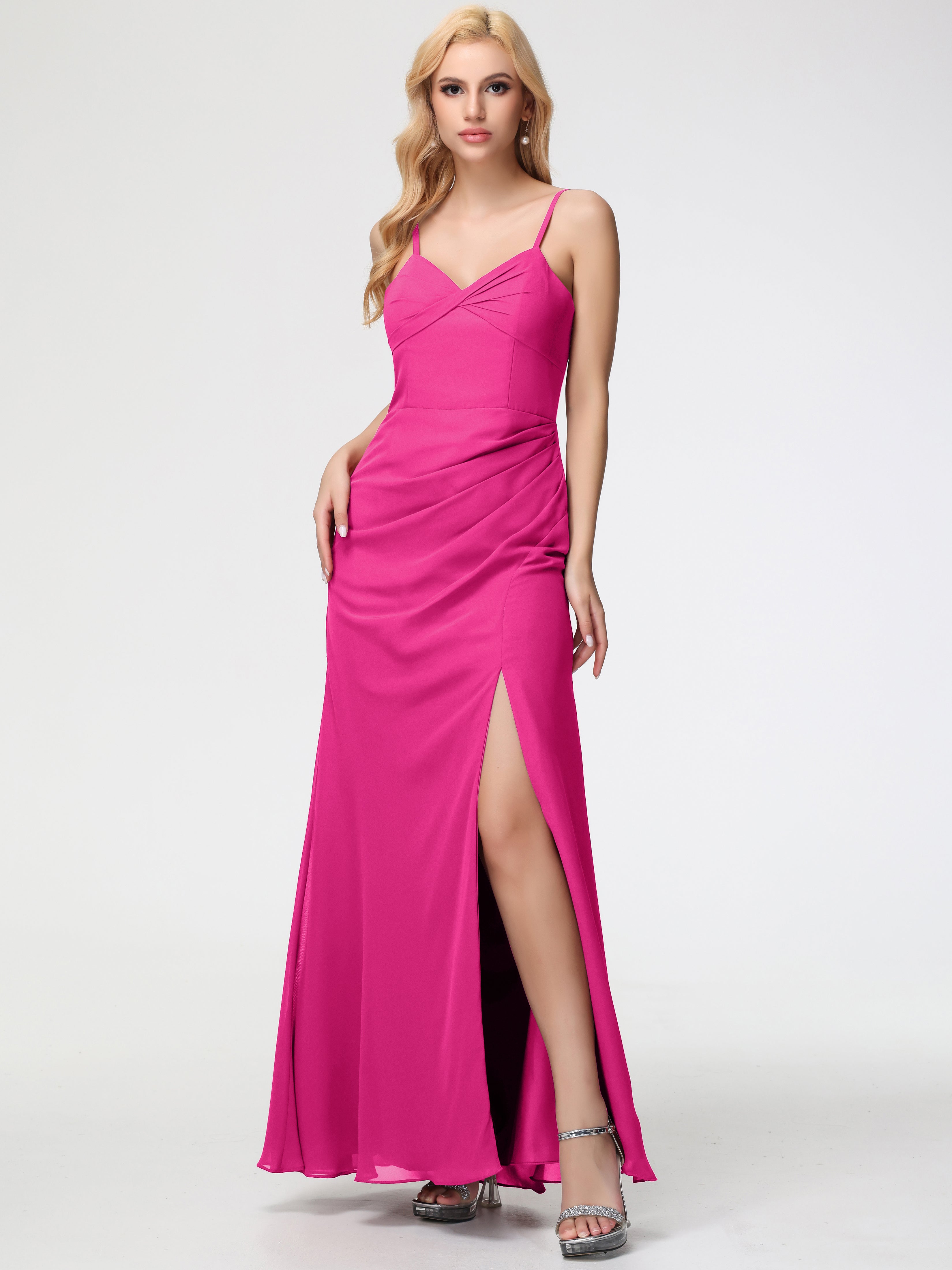 Robe De Demoiselle D Honneur Fuchsia Bretelles Spaghetti Fendue Fourreau/Colonne Mousseline Robe Demoiselle D'Honneur