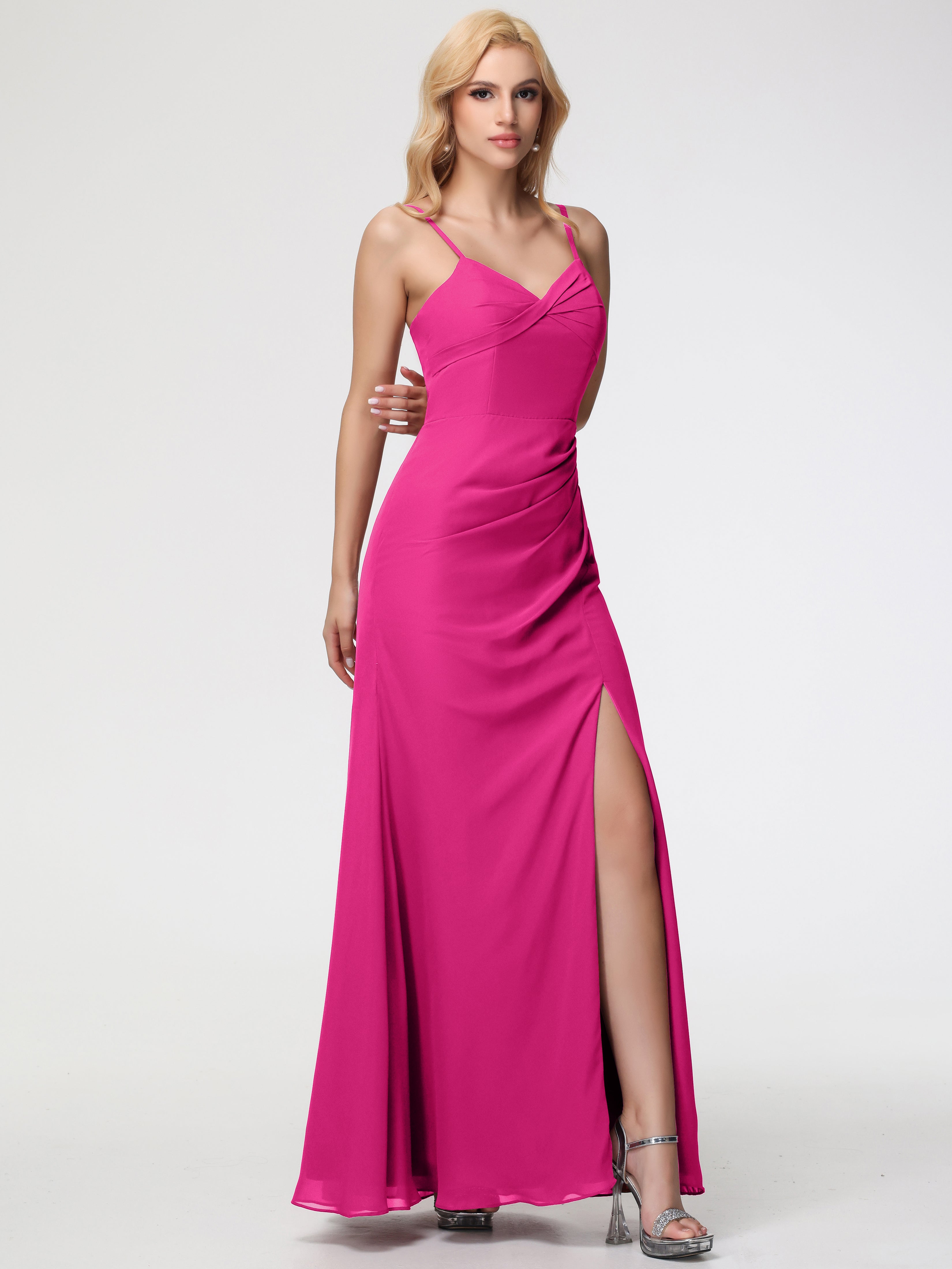 Robe De Demoiselle D Honneur Fuchsia Bretelles Spaghetti Fendue Fourreau/Colonne Mousseline Robe Demoiselle D'Honneur