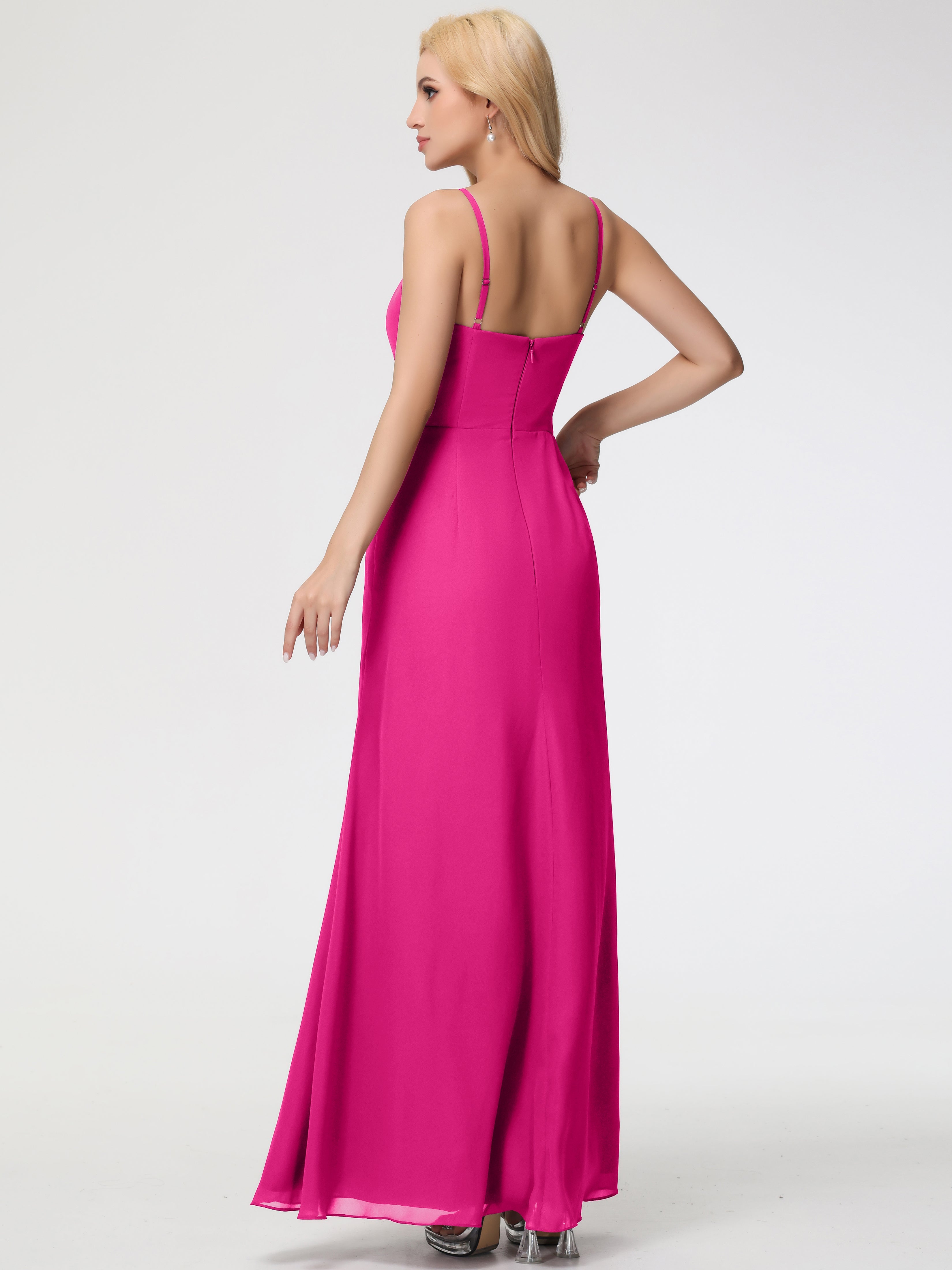 Robe De Demoiselle D Honneur Fuchsia Bretelles Spaghetti Fendue Fourreau/Colonne Mousseline Robe Demoiselle D'Honneur