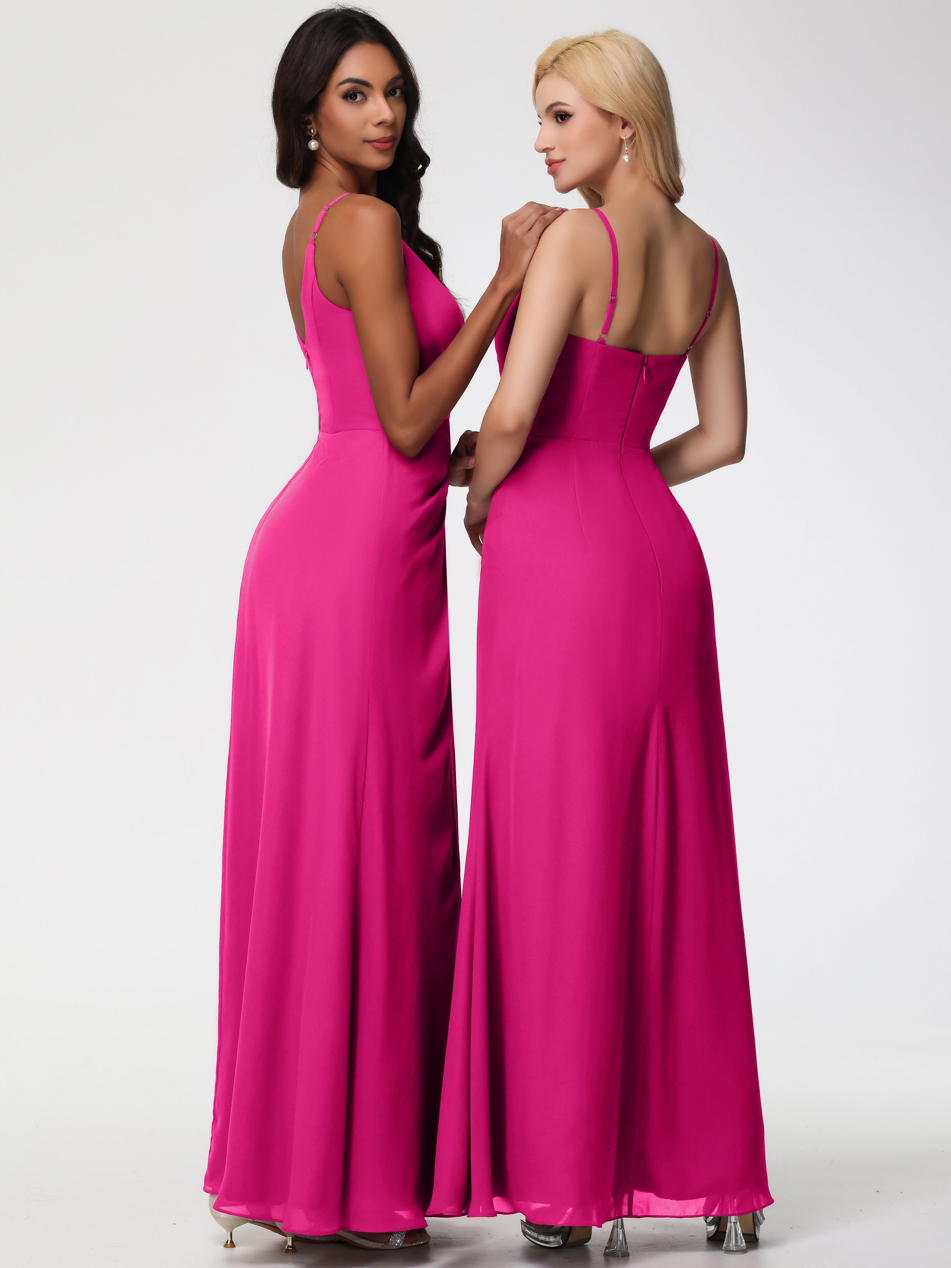 Robe De Demoiselle D Honneur Fuchsia Bretelles Spaghetti Fendue Fourreau/Colonne Mousseline Robe Demoiselle D'Honneur