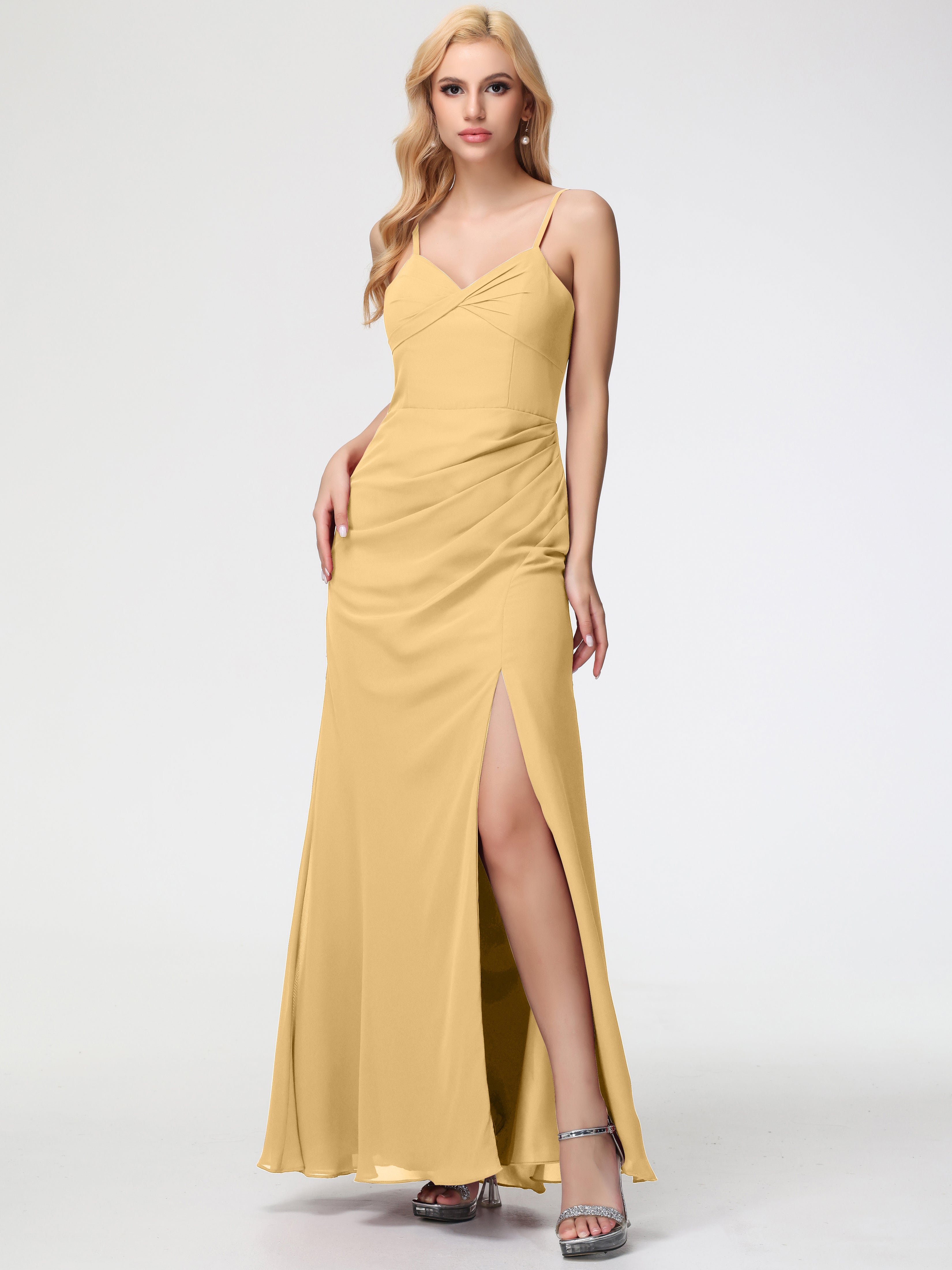 Robe Demoiselle D Honneur Or Bretelles Spaghetti Fendue Fourreau/Colonne Mousseline Robe Demoiselle D'Honneur