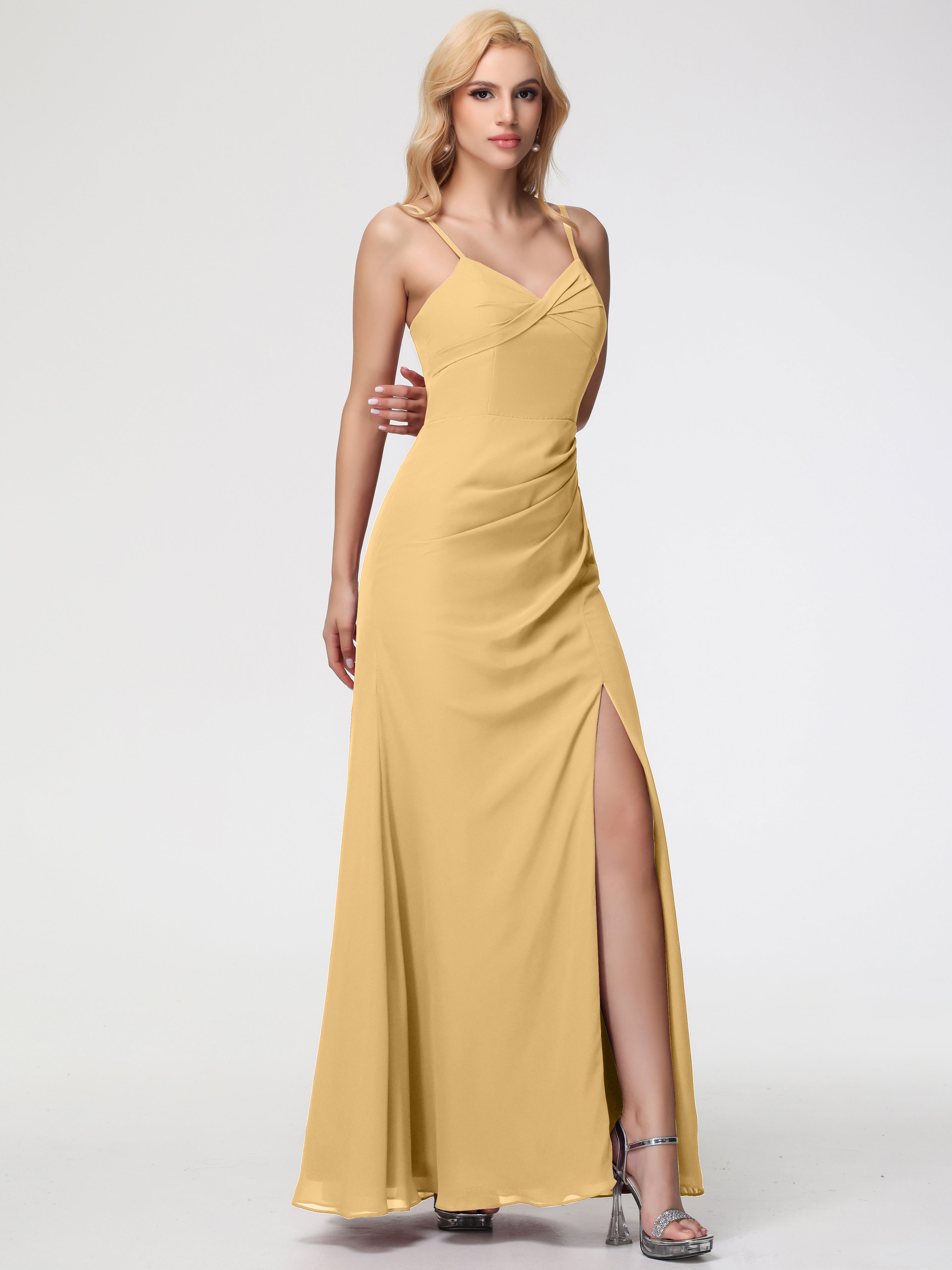 Robe Demoiselle D Honneur Or Bretelles Spaghetti Fendue Fourreau/Colonne Mousseline Robe Demoiselle D'Honneur