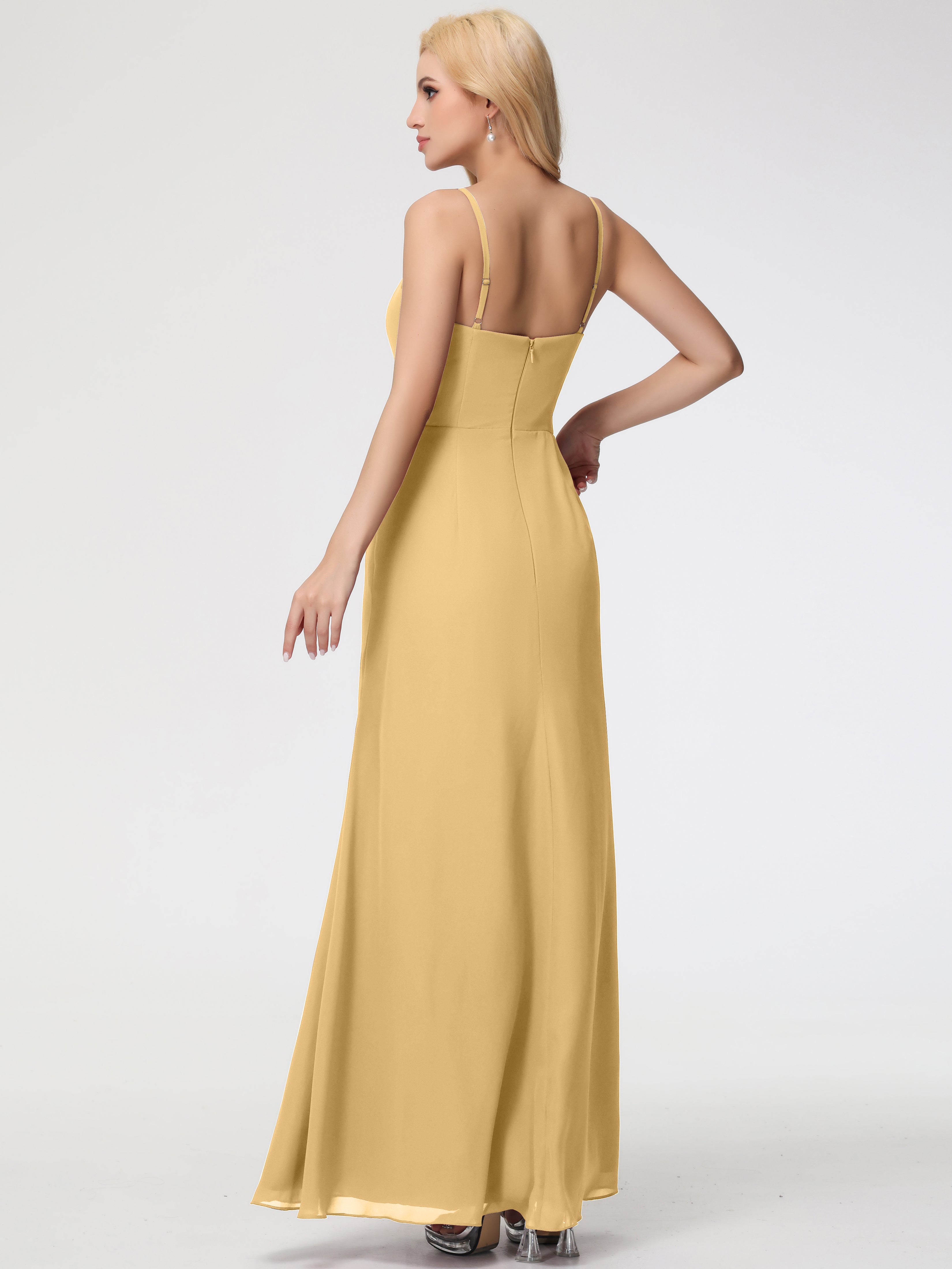 Robe Demoiselle D Honneur Or Bretelles Spaghetti Fendue Fourreau/Colonne Mousseline Robe Demoiselle D'Honneur
