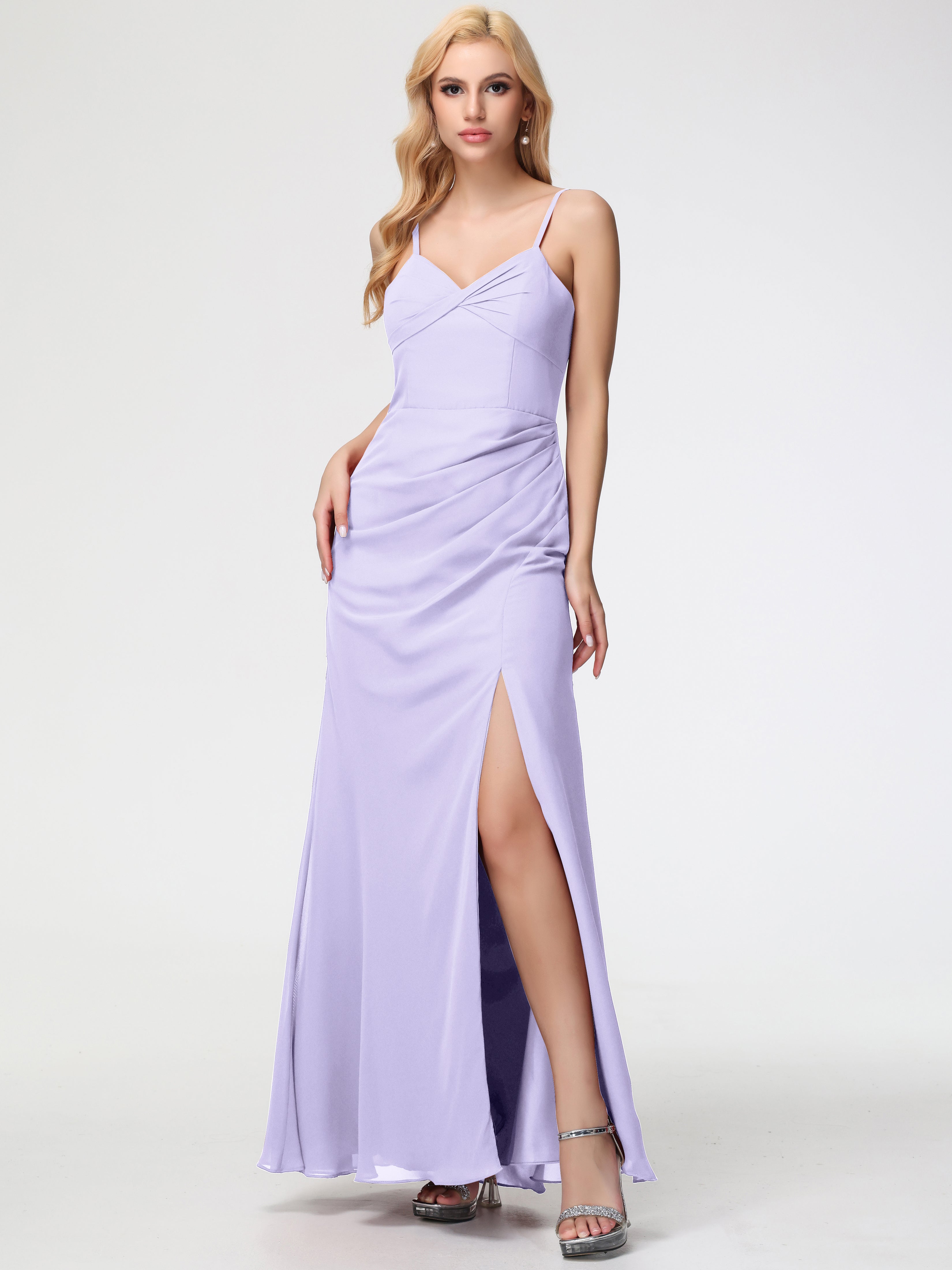 Robe De Demoiselle D Honneur Lilas Bretelles Spaghetti Fendue Fourreau/Colonne Mousseline Robe Demoiselle D'Honneur