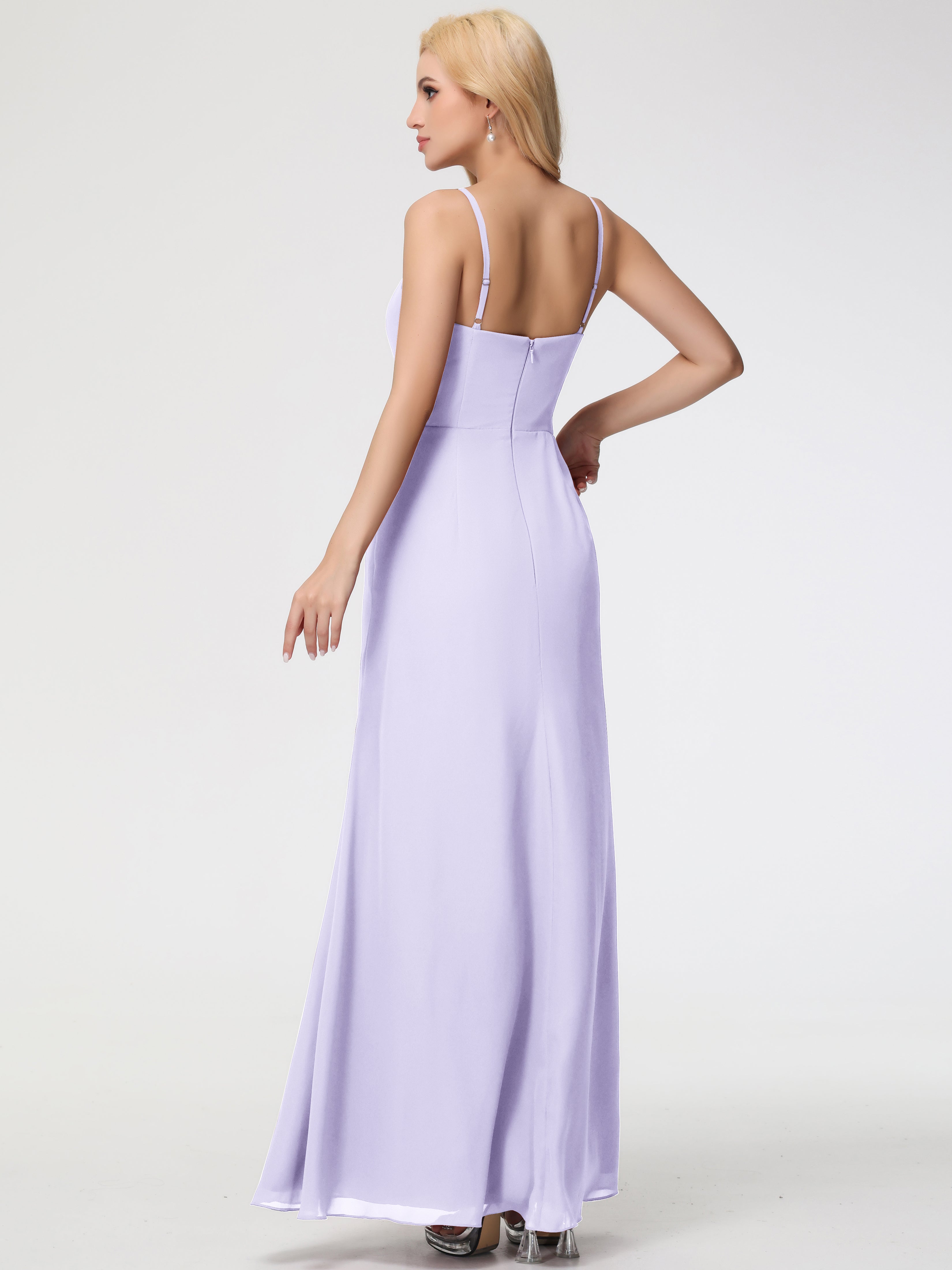 Robe De Demoiselle D Honneur Lilas Bretelles Spaghetti Fendue Fourreau/Colonne Mousseline Robe Demoiselle D'Honneur