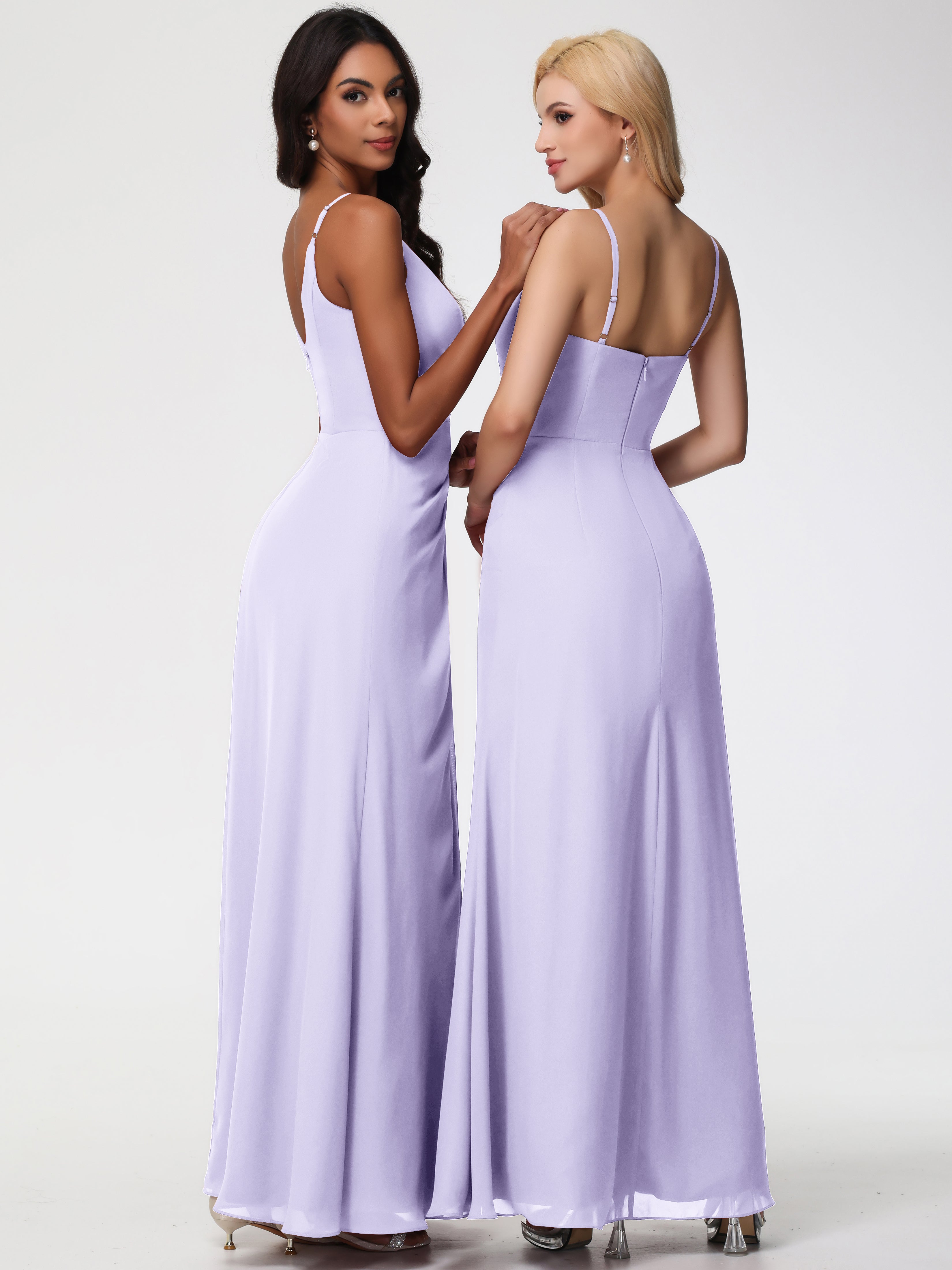Robe De Demoiselle D Honneur Lilas Bretelles Spaghetti Fendue Fourreau/Colonne Mousseline Robe Demoiselle D'Honneur
