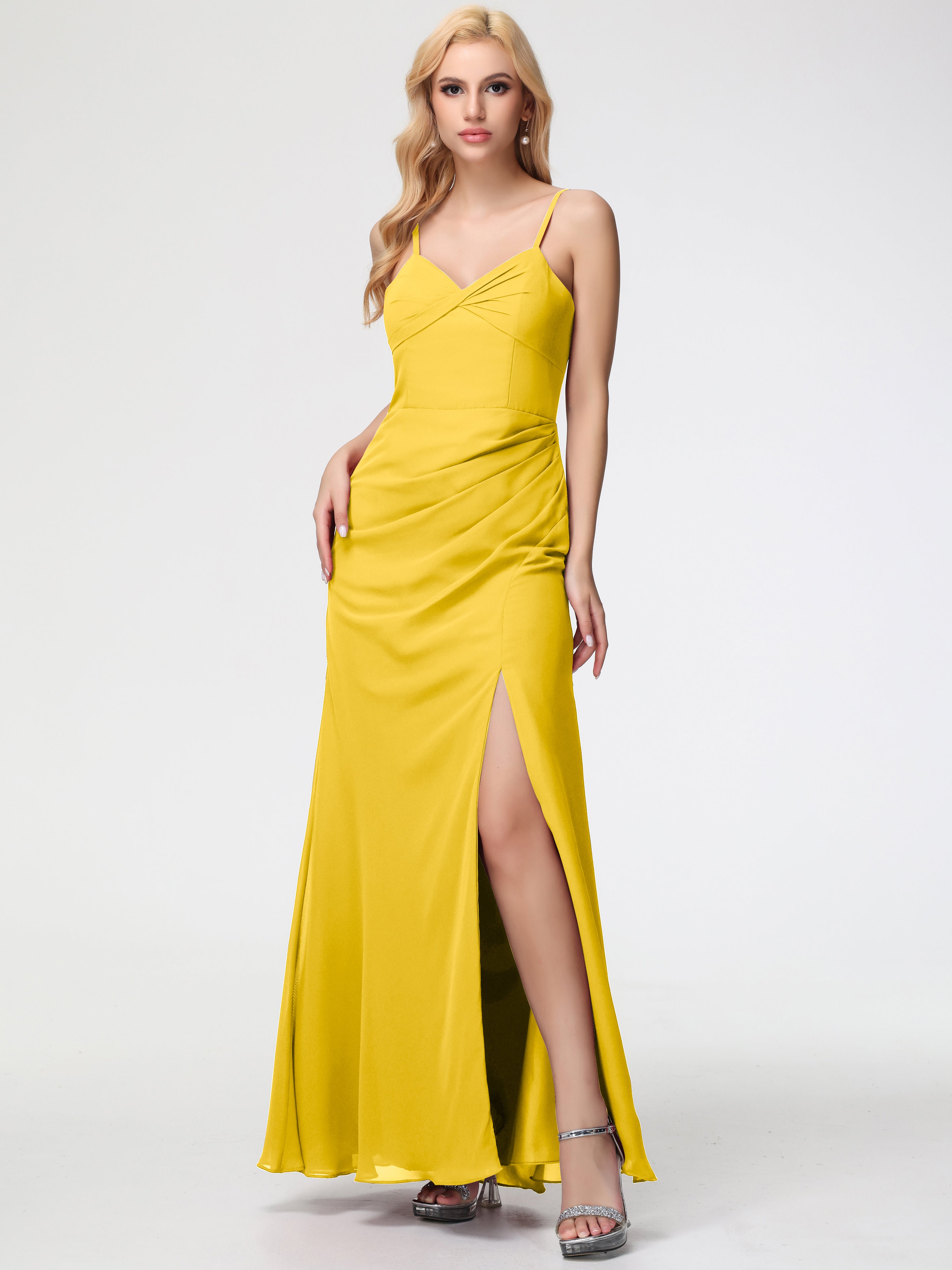 Robe De Demoiselle D'Honneur Souci Bretelles Spaghetti Fendue Fourreau/Colonne Mousseline Robe Demoiselle D'Honneur