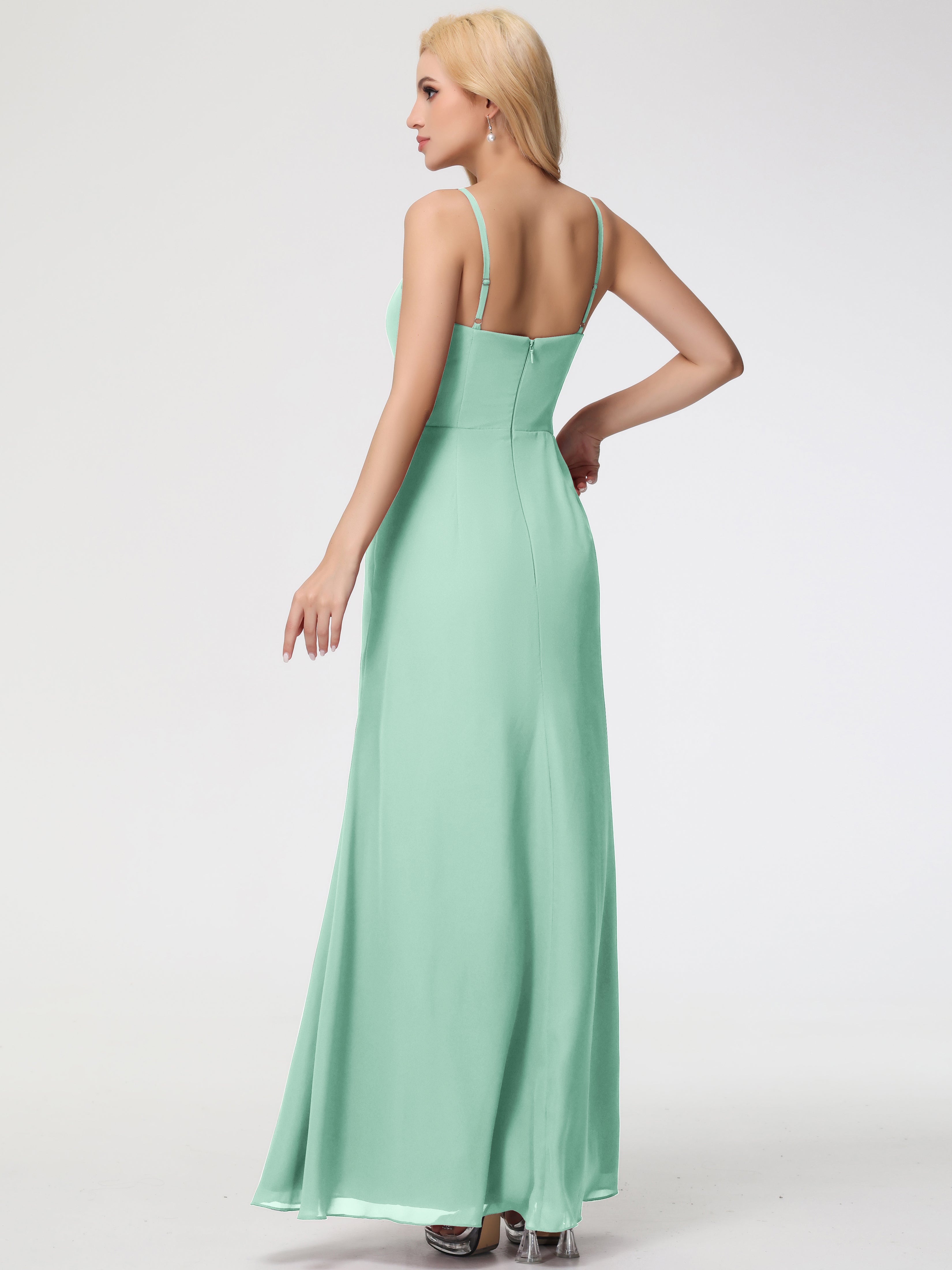 Robe Demoiselle D Honneur Menthe Bretelles Spaghetti Fendue Fourreau/Colonne Mousseline Robe Demoiselle D'Honneur
