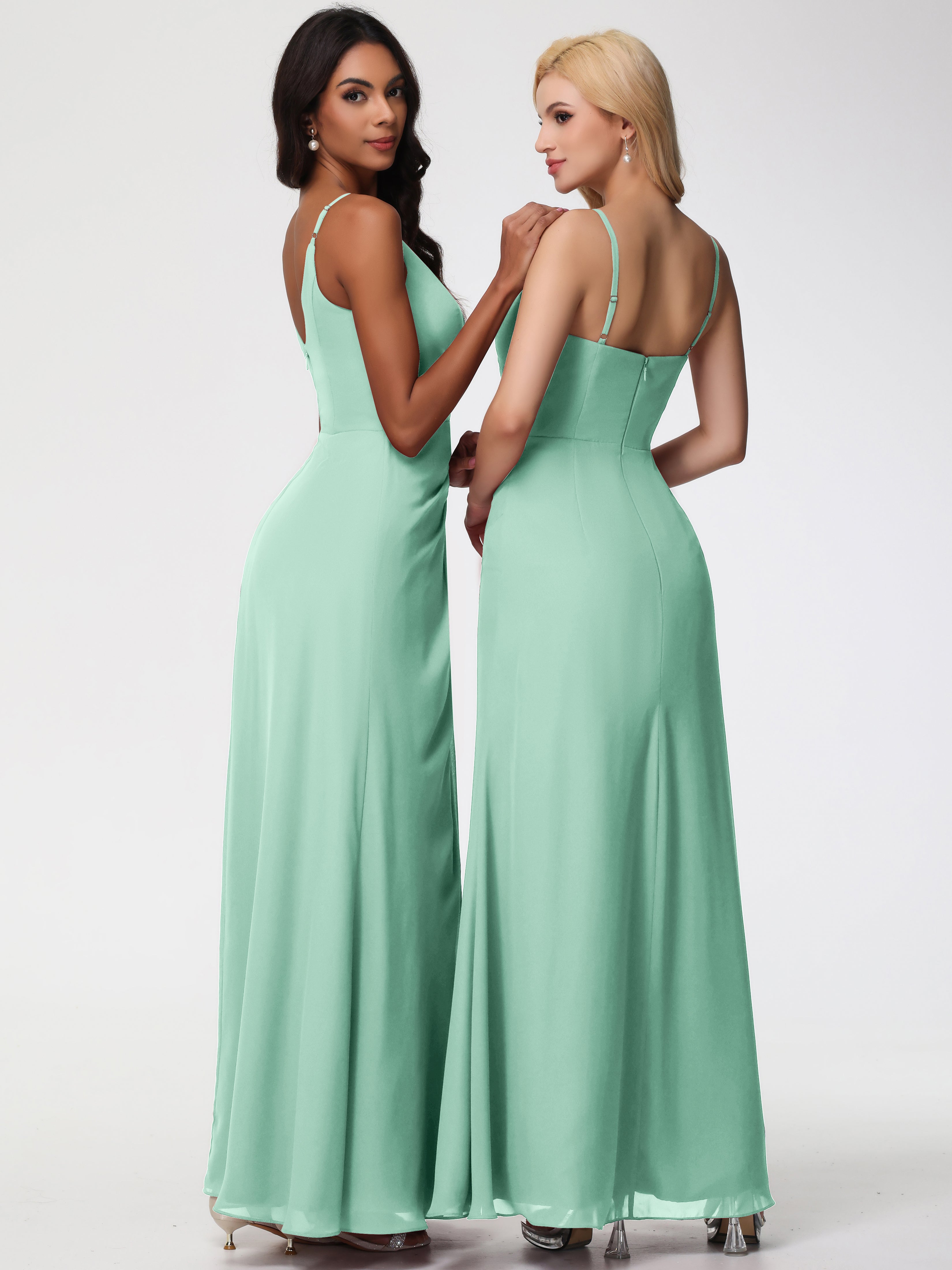 Robe Demoiselle D Honneur Menthe Bretelles Spaghetti Fendue Fourreau/Colonne Mousseline Robe Demoiselle D'Honneur