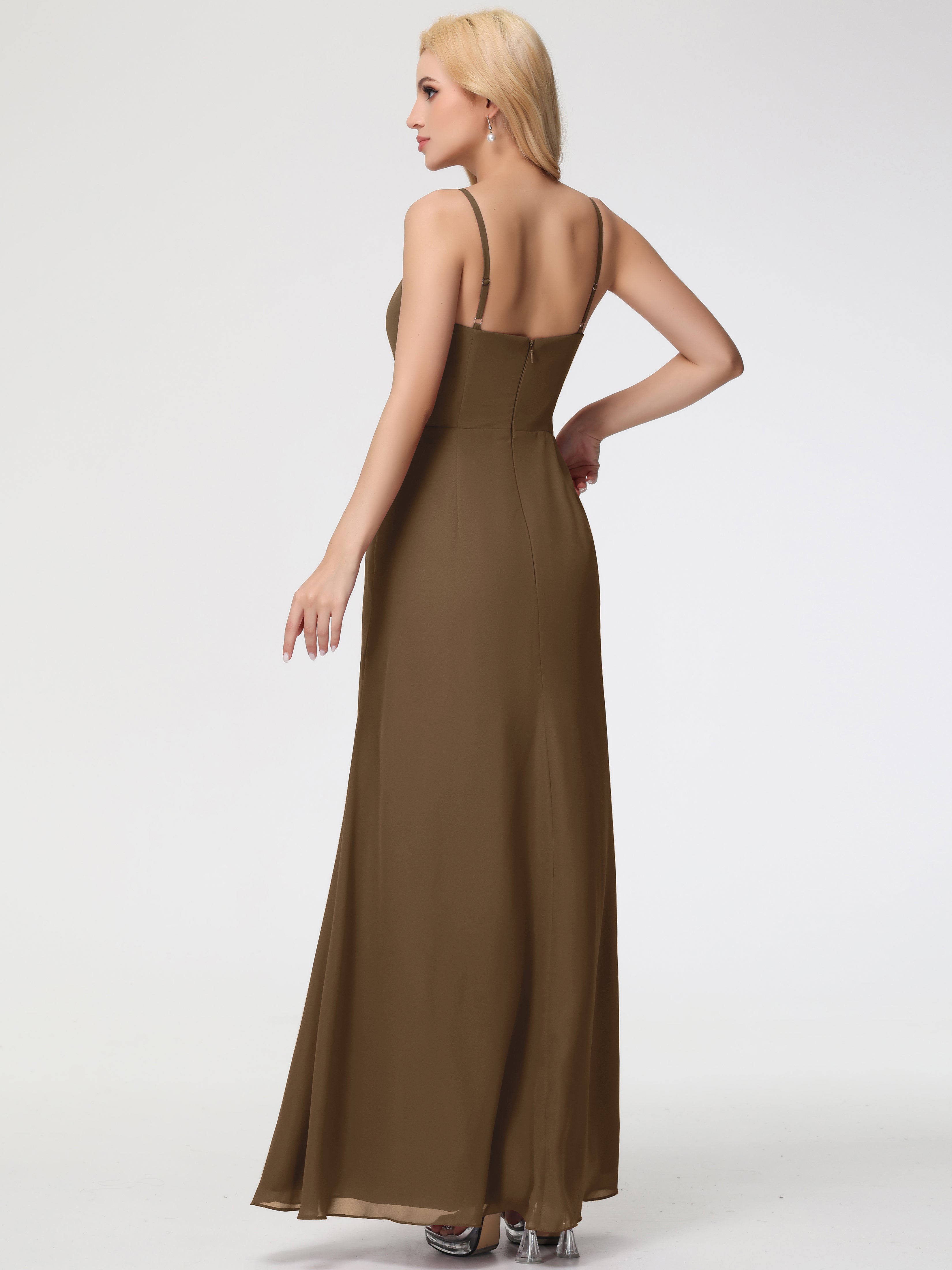 Robe Demoiselle D Honneur Moka Bretelles Spaghetti Fendue Fourreau/Colonne Mousseline Robe Demoiselle D'Honneur