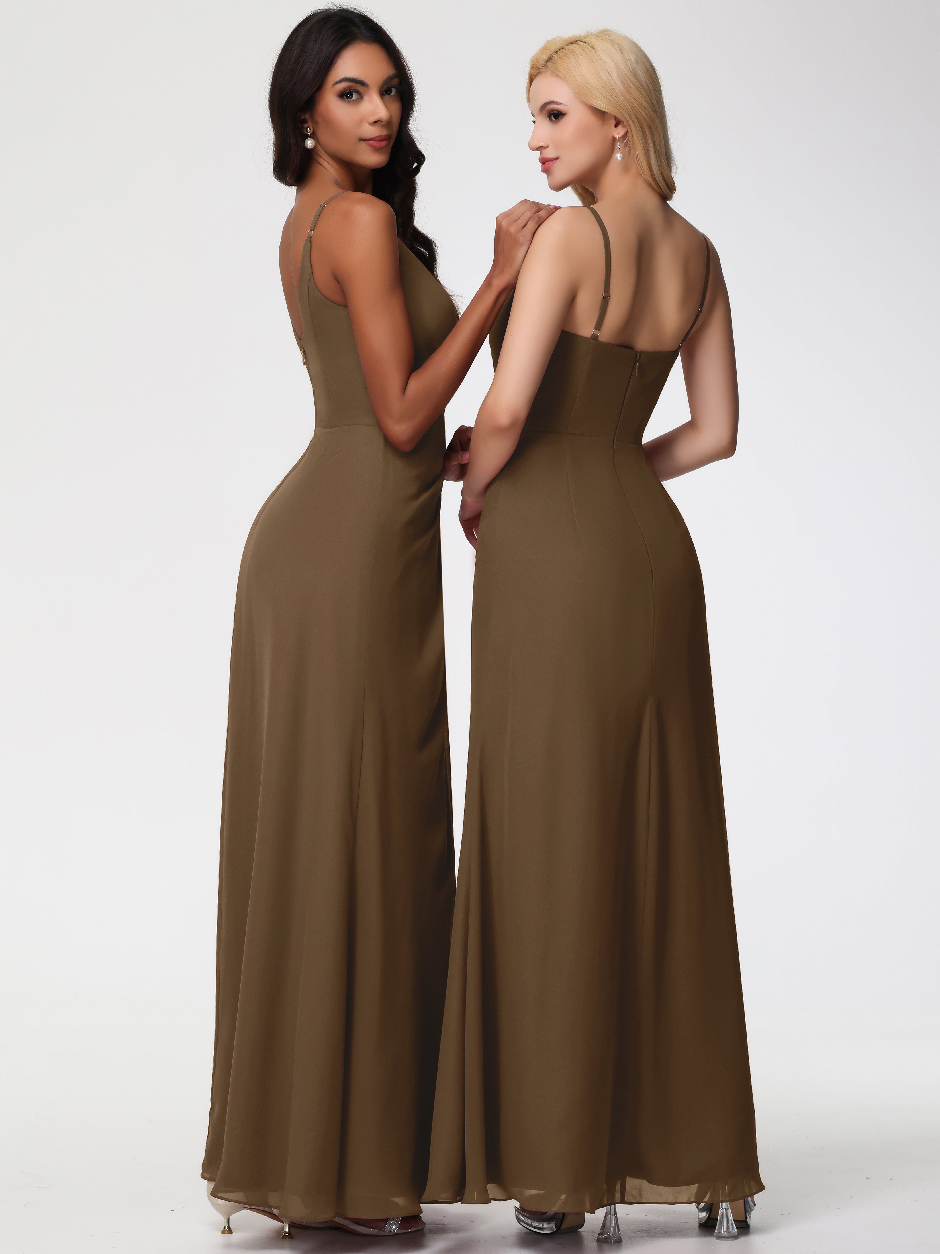 Robe Demoiselle D Honneur Moka Bretelles Spaghetti Fendue Fourreau/Colonne Mousseline Robe Demoiselle D'Honneur