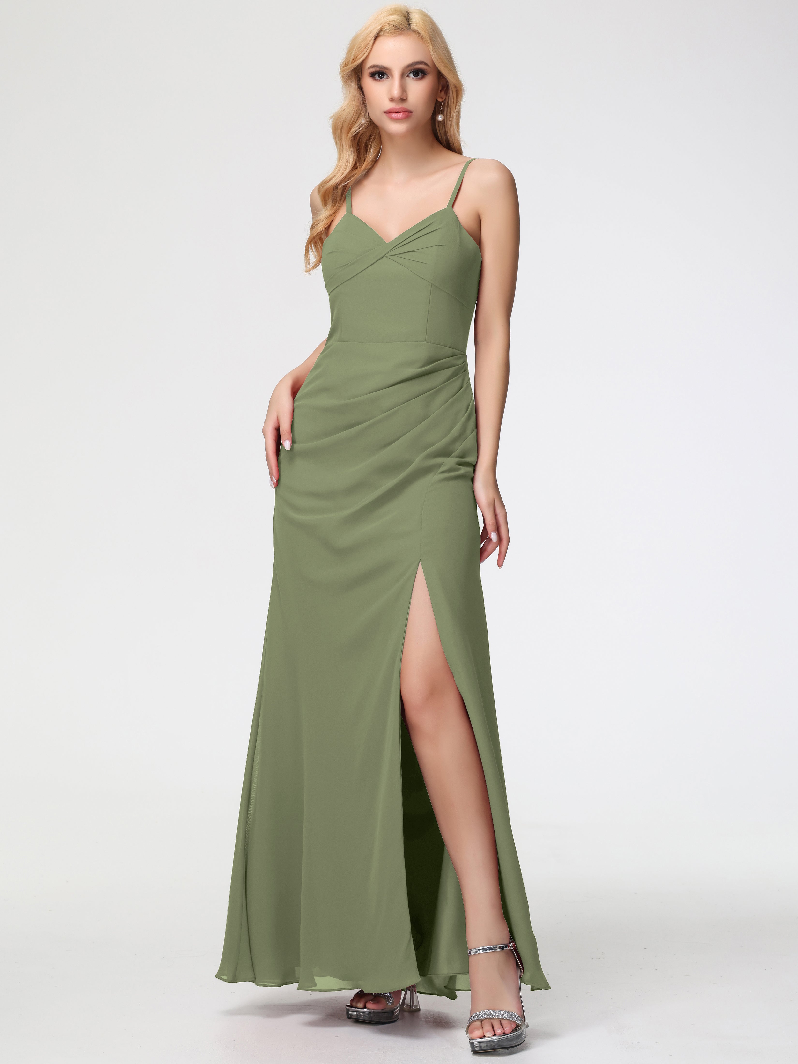 Demoiselle D Honneur Vert Olive Bretelles Spaghetti Fendue Fourreau/Colonne Mousseline Robe Demoiselle D'Honneur