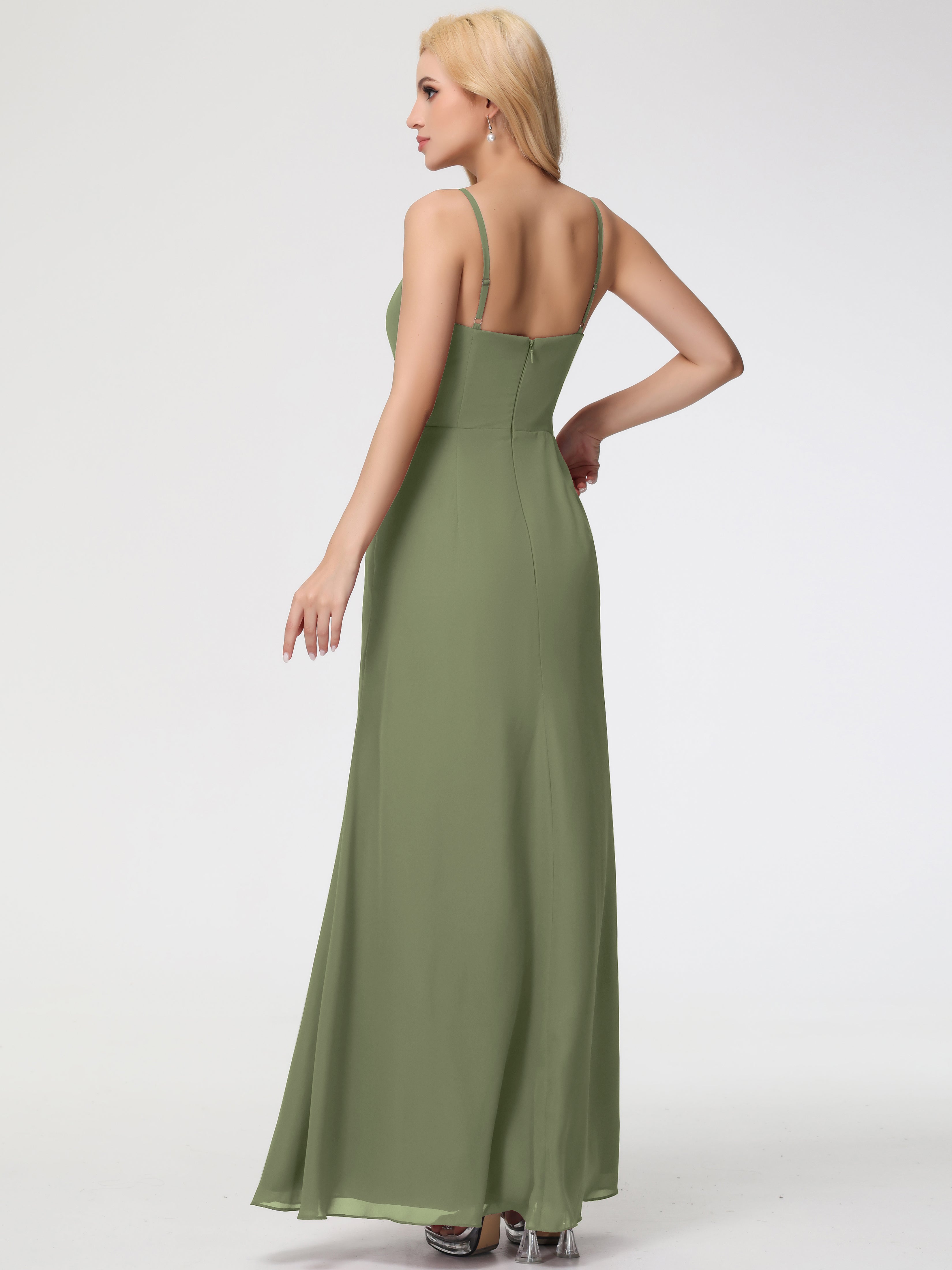 Demoiselle D Honneur Vert Olive Bretelles Spaghetti Fendue Fourreau/Colonne Mousseline Robe Demoiselle D'Honneur