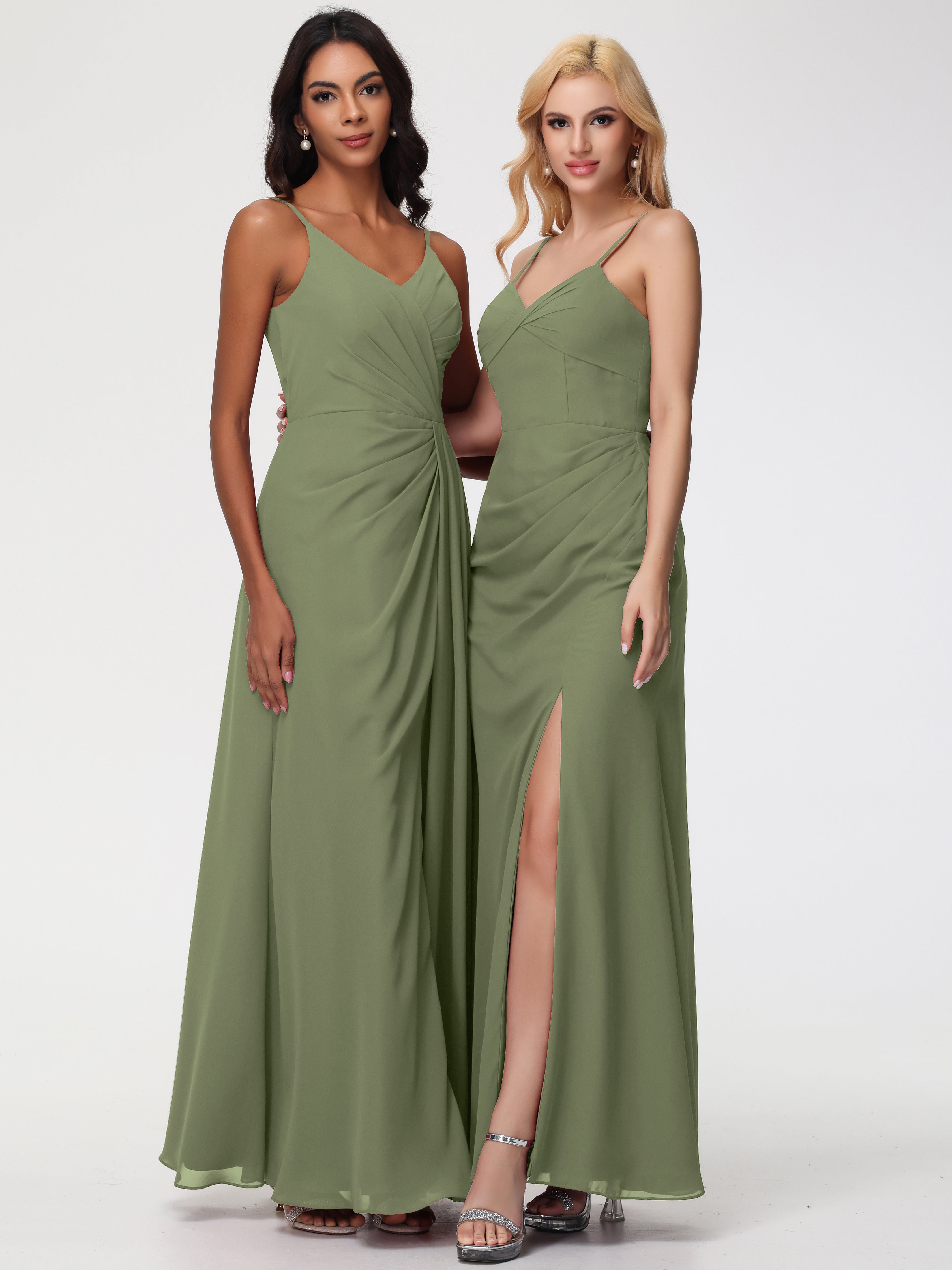 Demoiselle D Honneur Vert Olive Bretelles Spaghetti Fendue Fourreau/Colonne Mousseline Robe Demoiselle D'Honneur
