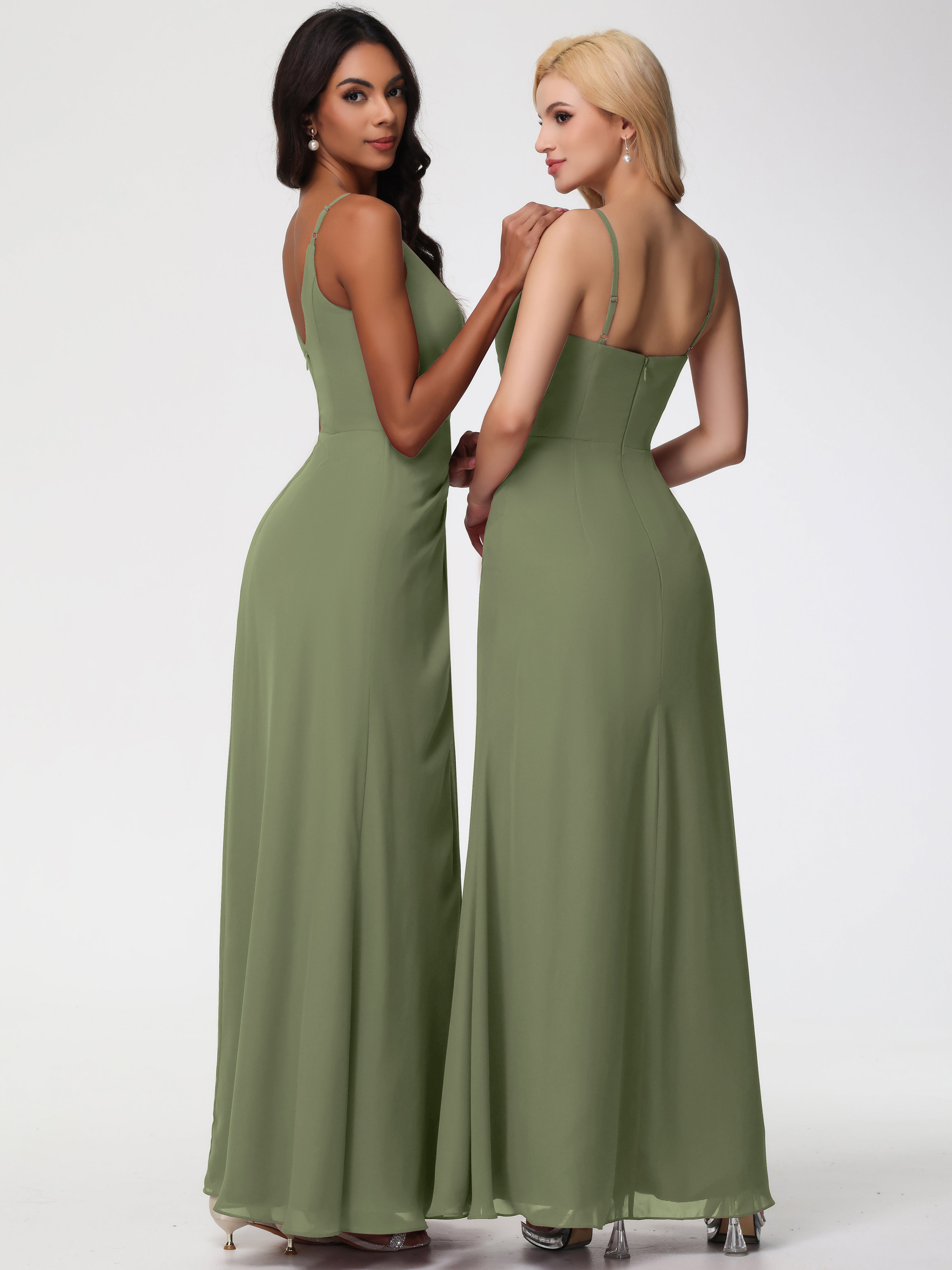 Demoiselle D Honneur Vert Olive Bretelles Spaghetti Fendue Fourreau/Colonne Mousseline Robe Demoiselle D'Honneur