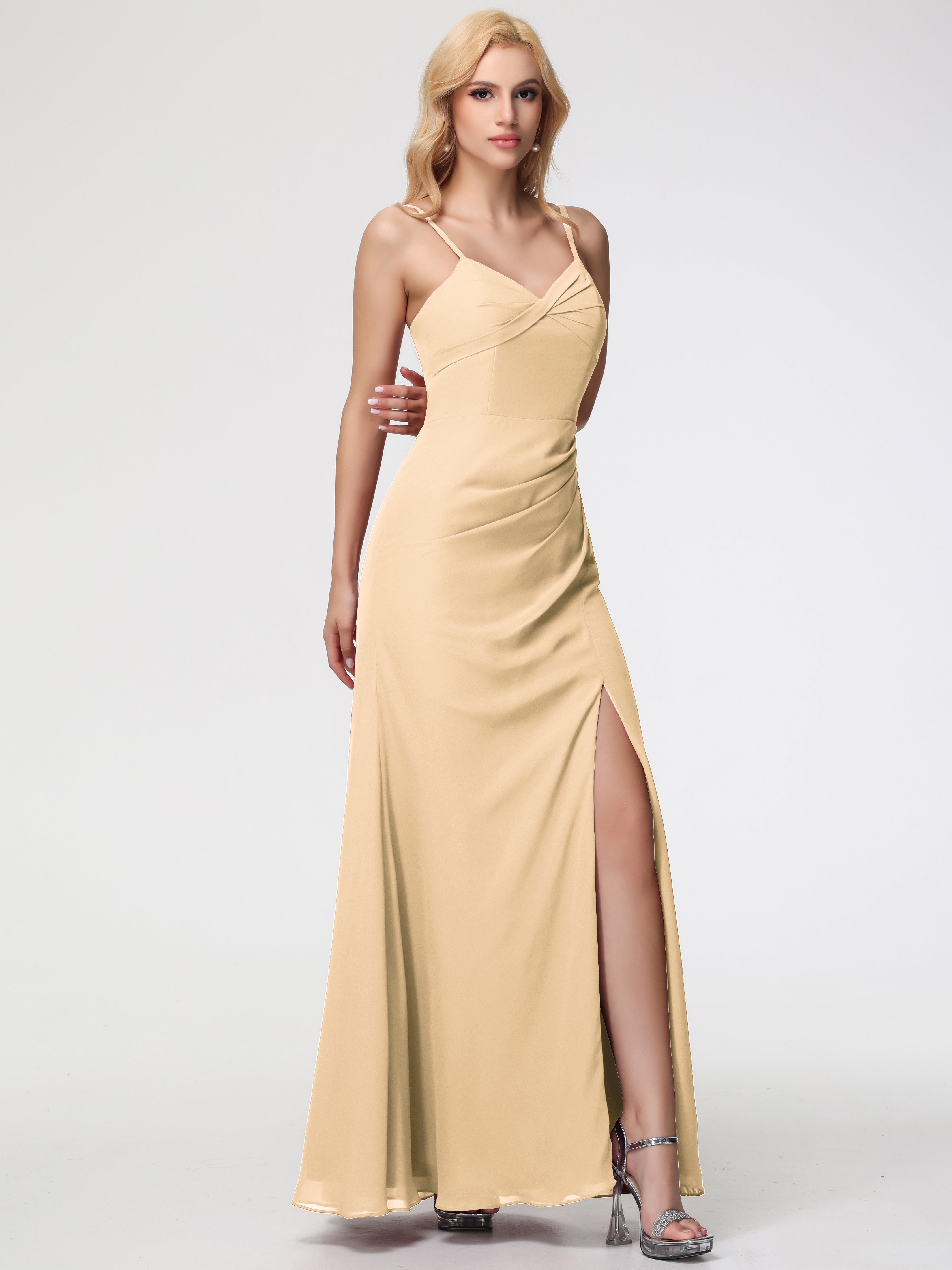 Robe Demoiselle D Honneur Pêche Bretelles Spaghetti Fendue Fourreau/Colonne Mousseline Robe Demoiselle D'Honneur
