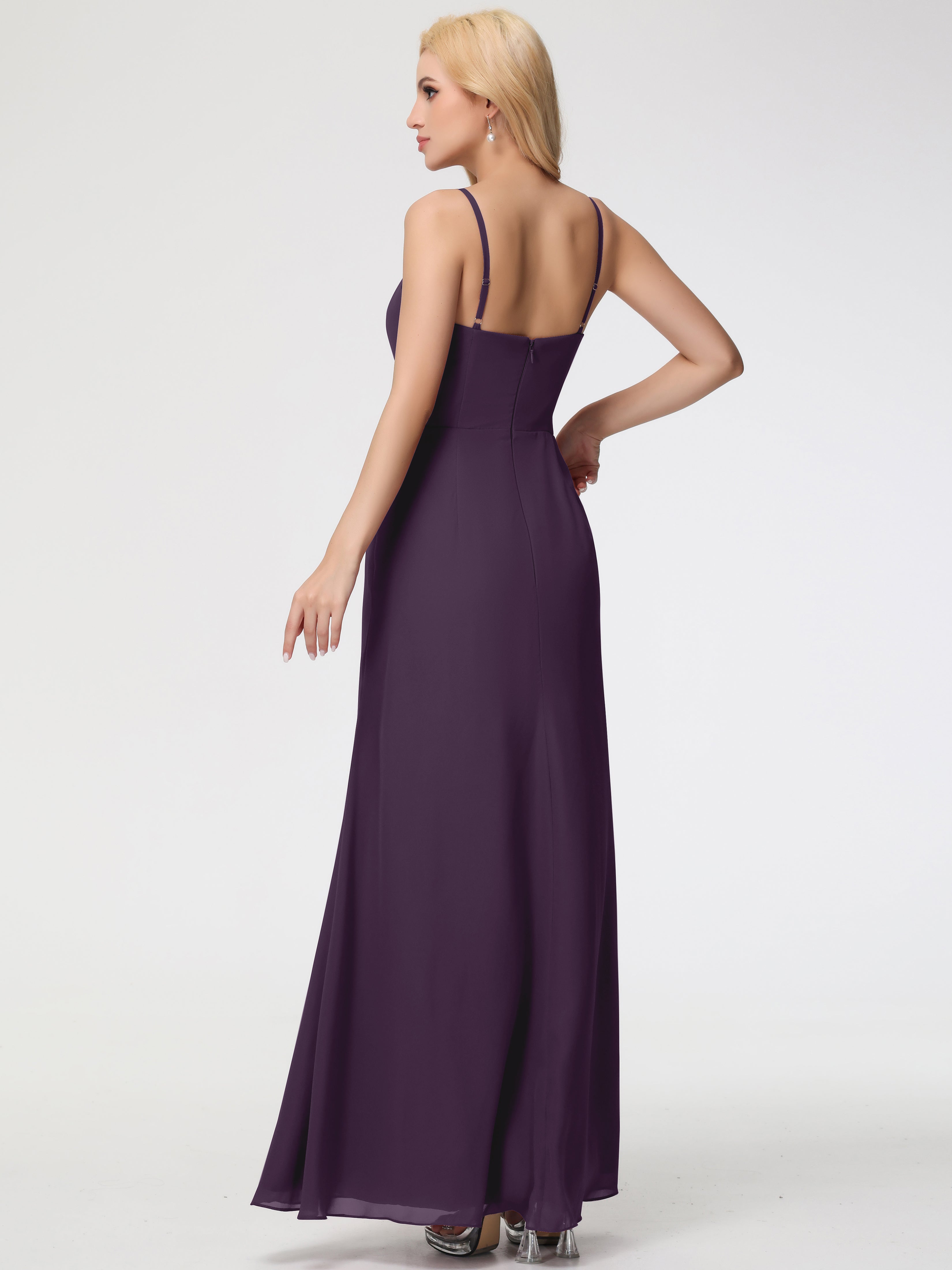 Robe Demoiselle D Honneur Plume Bretelles Spaghetti Fendue Fourreau/Colonne Mousseline Robe Demoiselle D'Honneur