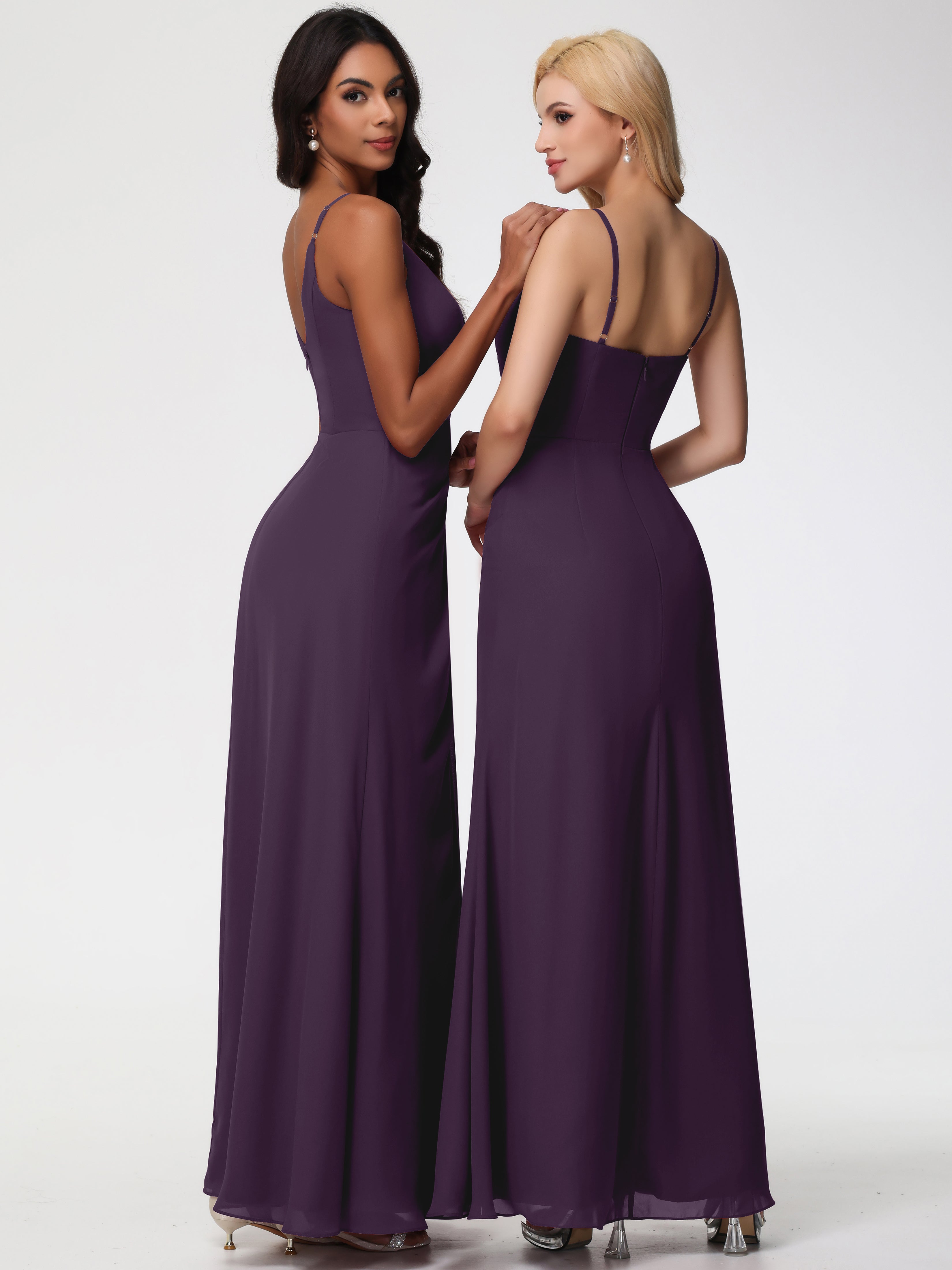 Robe Demoiselle D Honneur Plume Bretelles Spaghetti Fendue Fourreau/Colonne Mousseline Robe Demoiselle D'Honneur