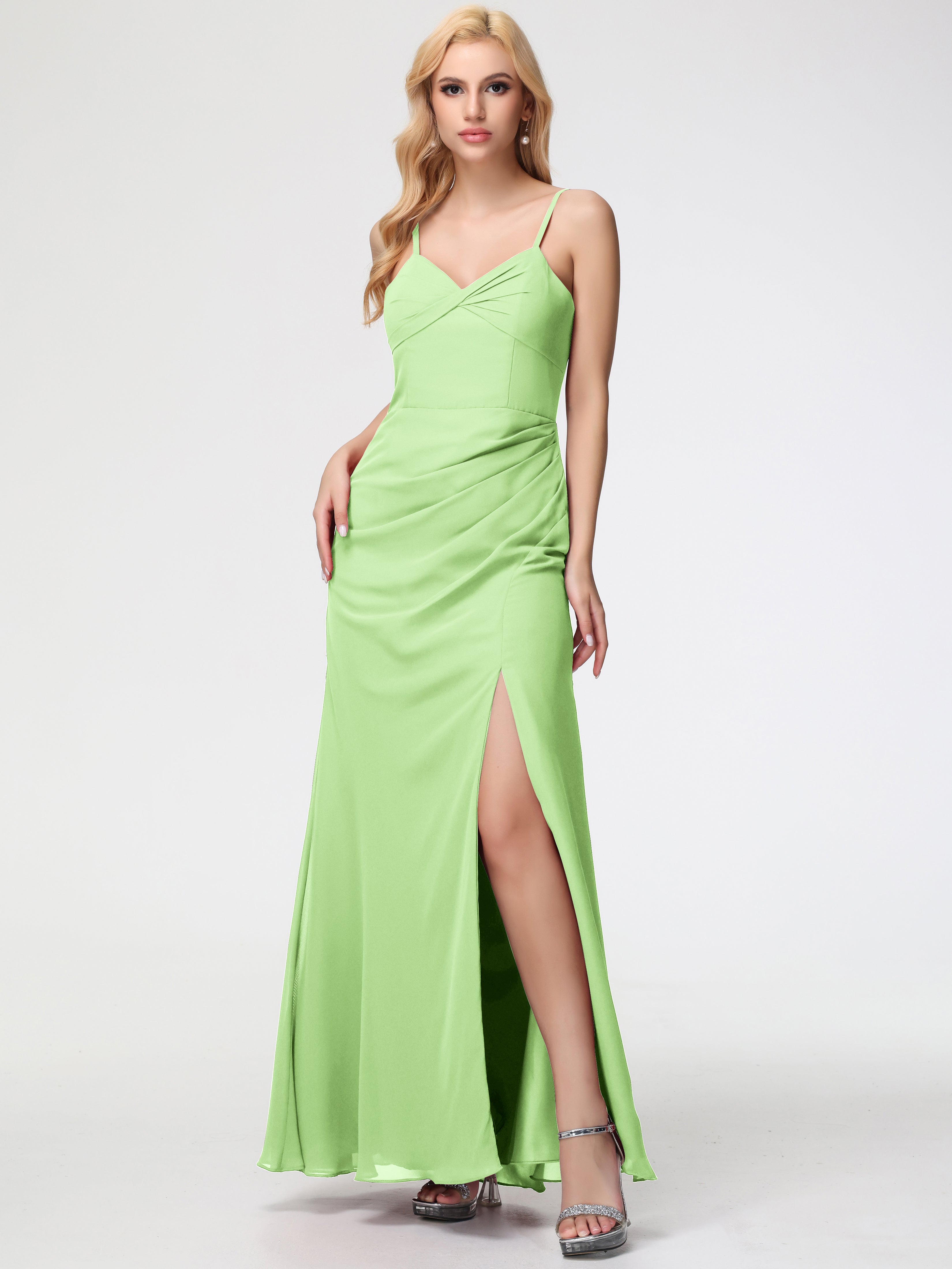 Robe Demoiselle D Honneur Sauge Bretelles Spaghetti Fendue Fourreau/Colonne Mousseline Robe Demoiselle D'Honneur