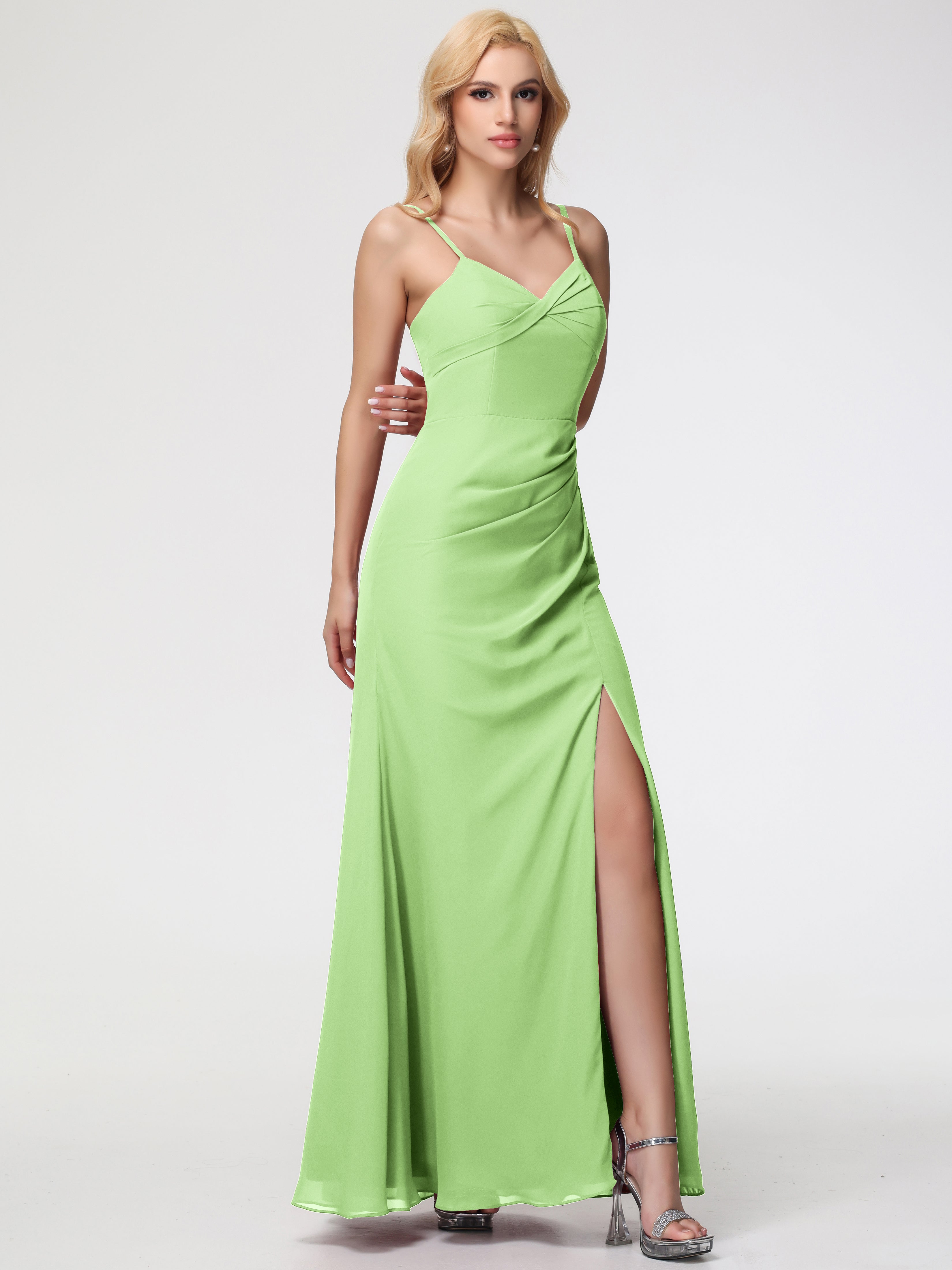 Robe Demoiselle D Honneur Sauge Bretelles Spaghetti Fendue Fourreau/Colonne Mousseline Robe Demoiselle D'Honneur
