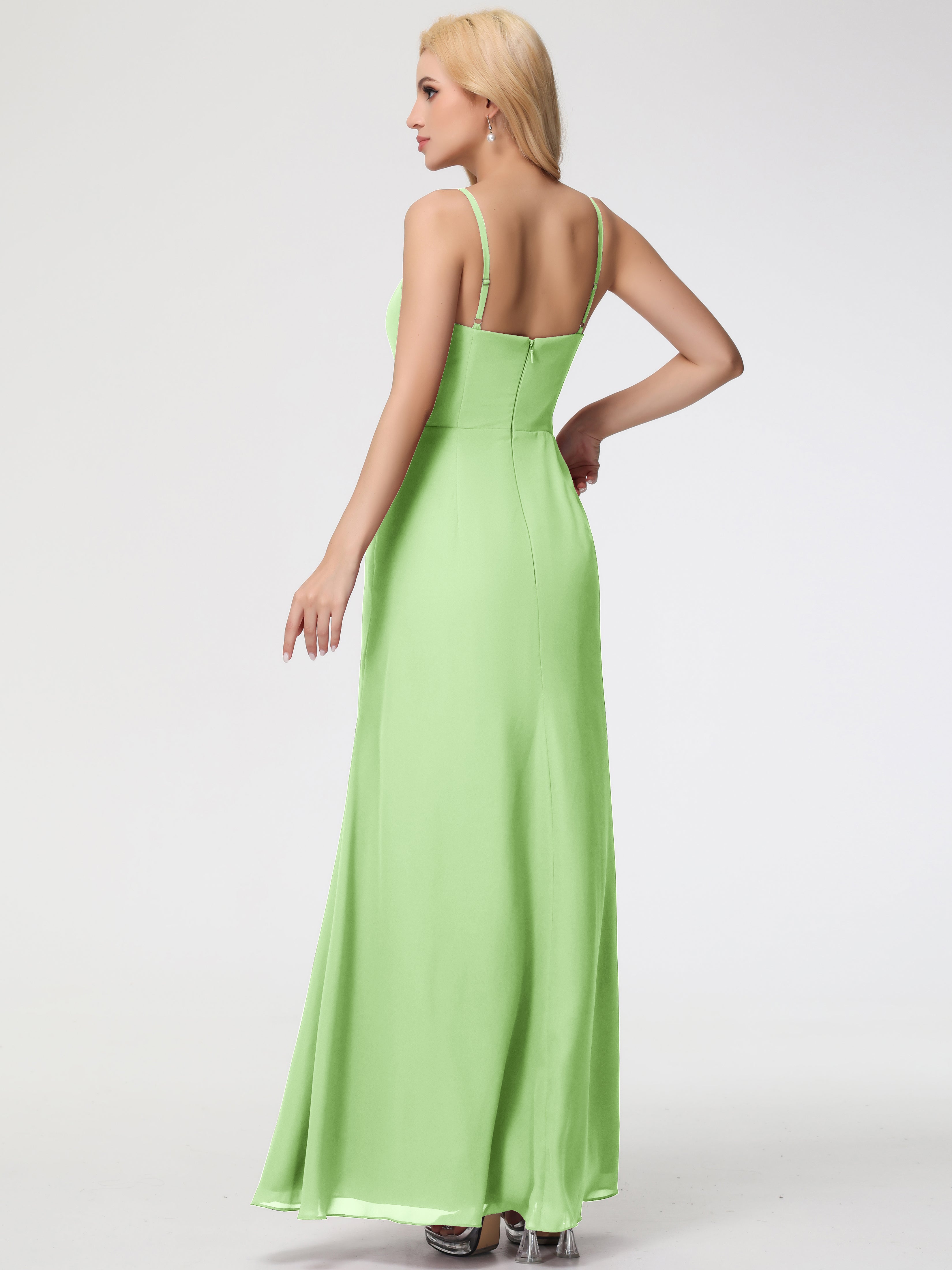 Robe Demoiselle D Honneur Sauge Bretelles Spaghetti Fendue Fourreau/Colonne Mousseline Robe Demoiselle D'Honneur