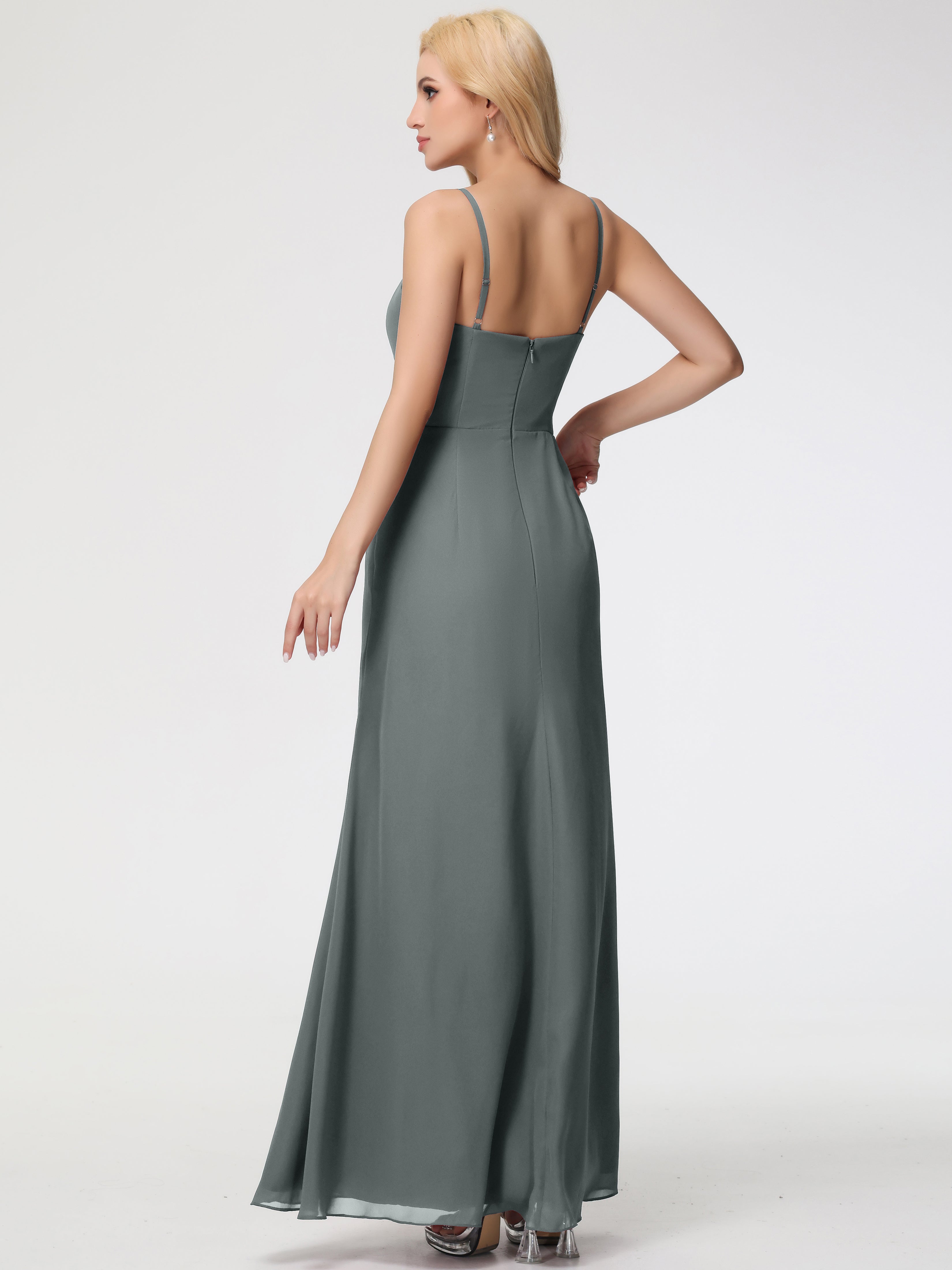 Robe Demoiselle D Honneur Gris Bretelles Spaghetti Fendue Fourreau/Colonne Mousseline Robe Demoiselle D'Honneur