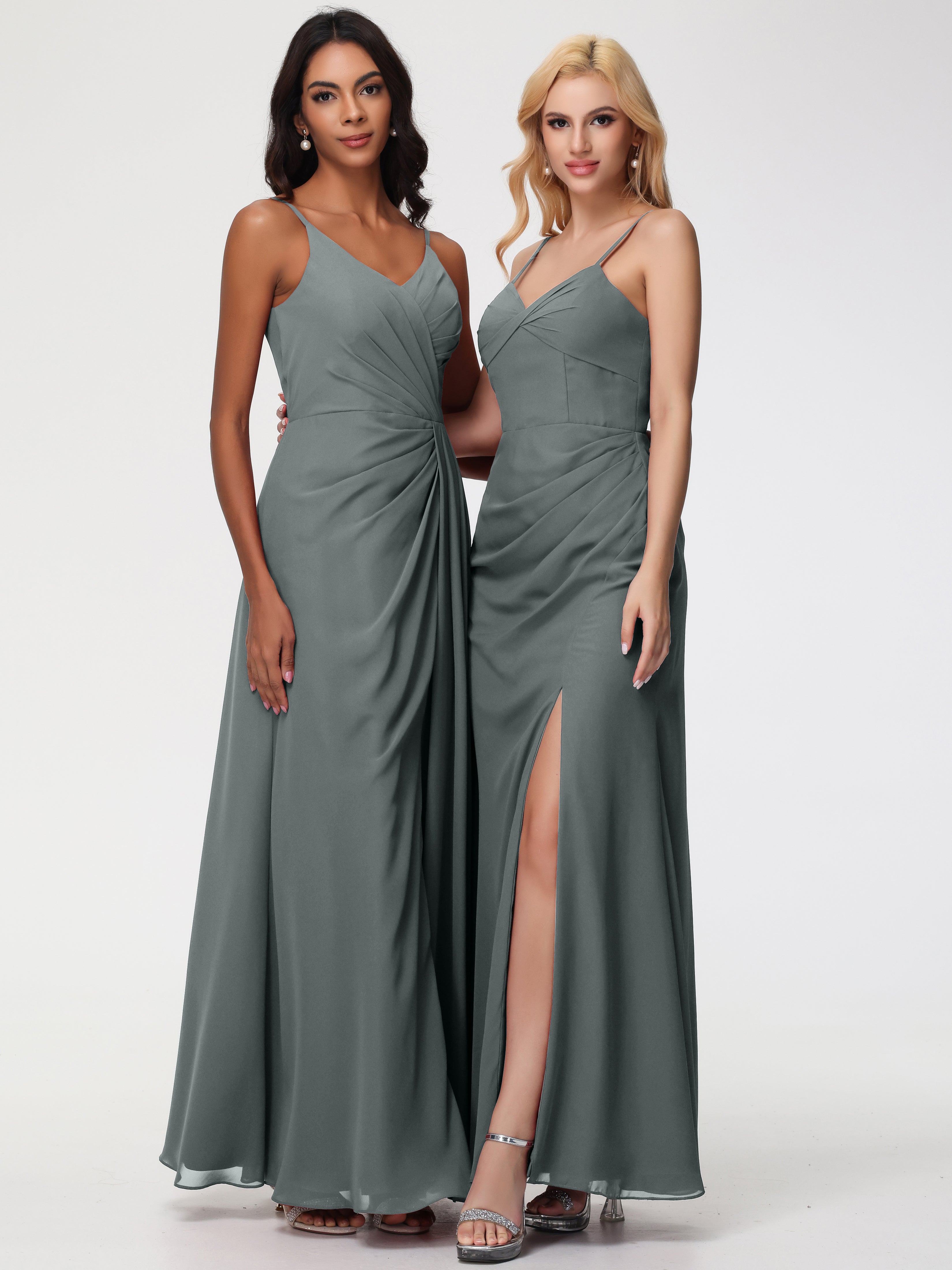 Robe Demoiselle D Honneur Gris Bretelles Spaghetti Fendue Fourreau/Colonne Mousseline Robe Demoiselle D'Honneur