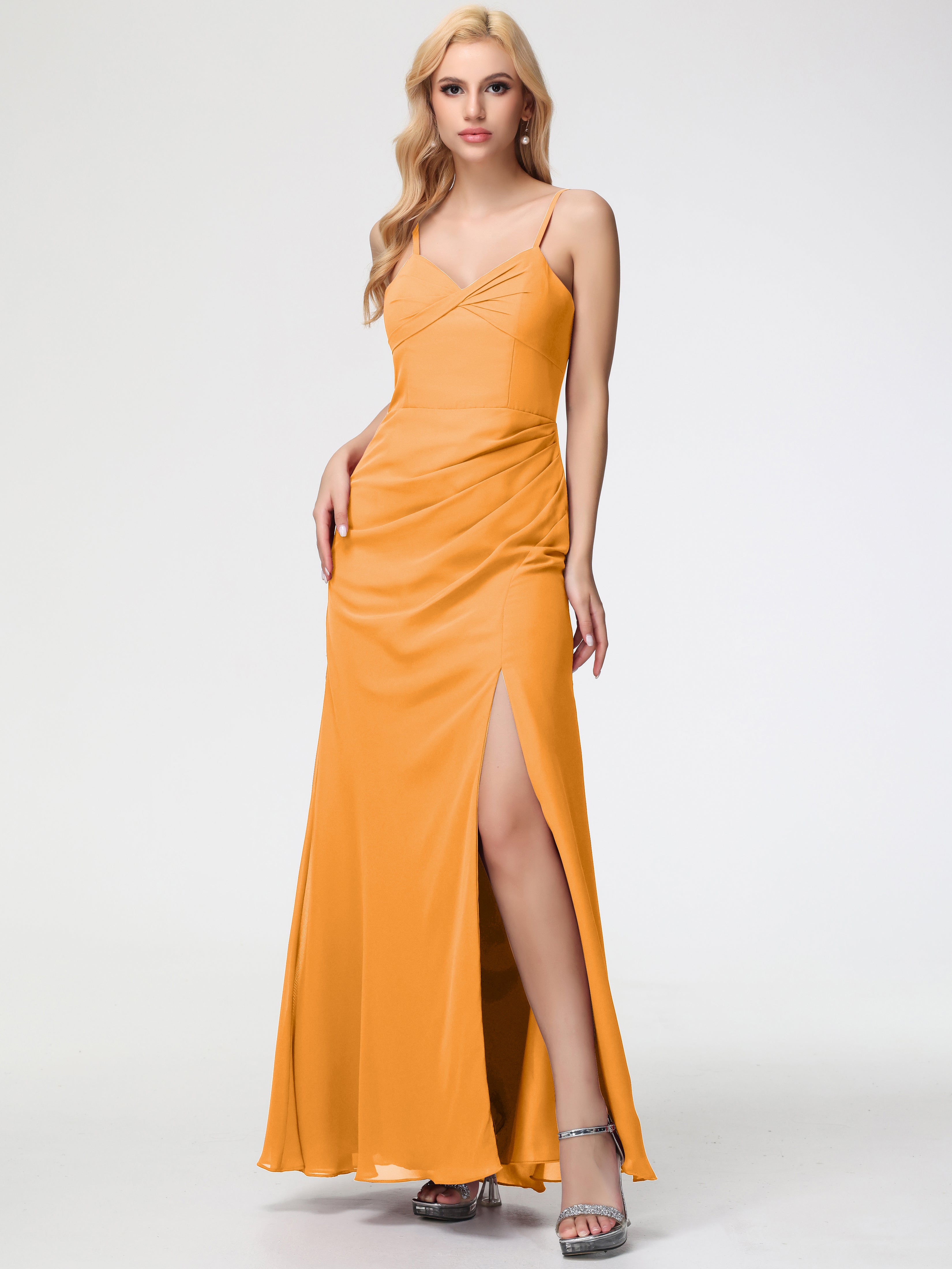 Robes De Demoiselle D'Honneur Mandarine Bretelles Spaghetti Fendue Fourreau/Colonne Mousseline Robe Demoiselle D'Honneur
