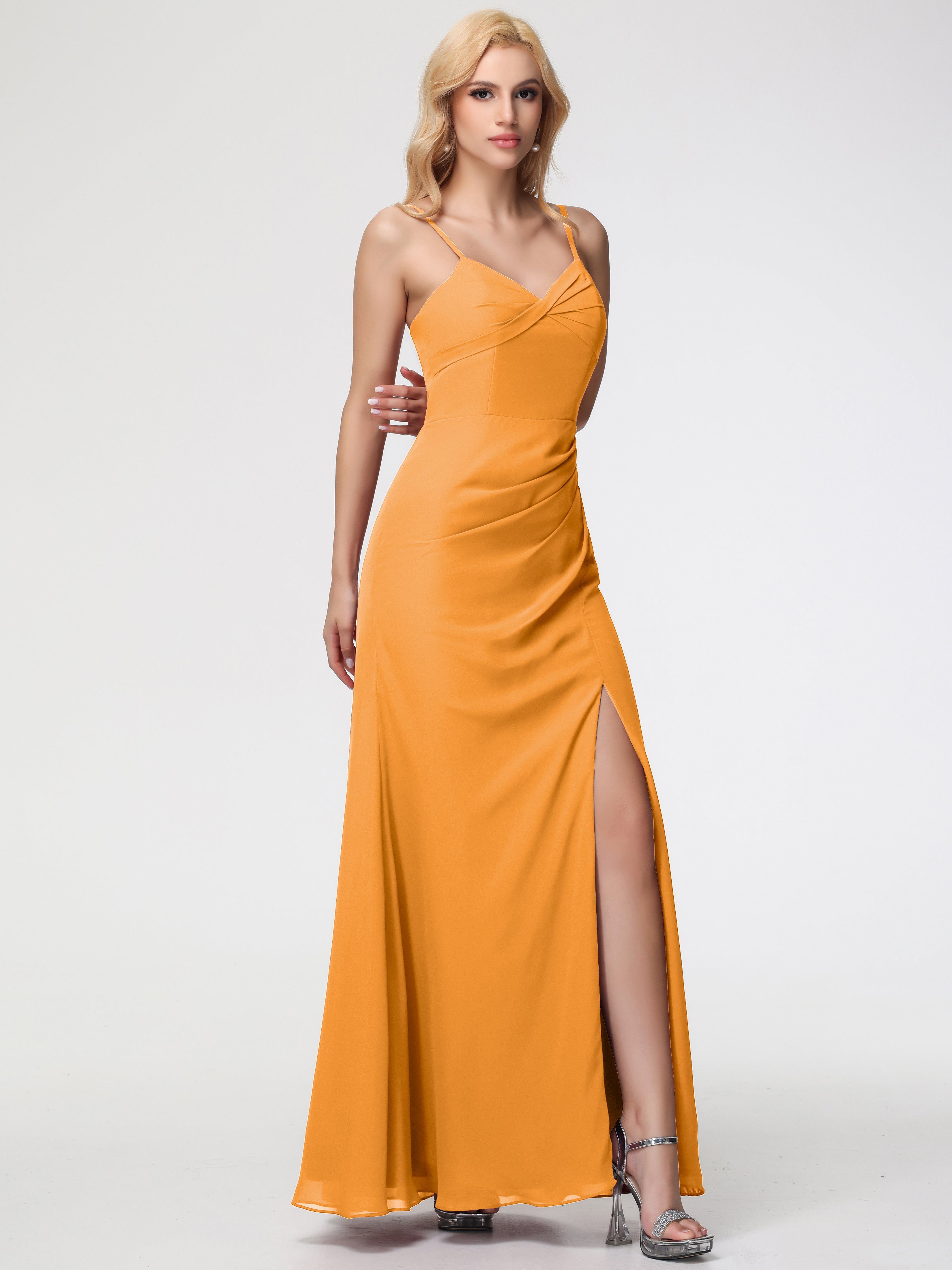 Robes De Demoiselle D'Honneur Mandarine Bretelles Spaghetti Fendue Fourreau/Colonne Mousseline Robe Demoiselle D'Honneur