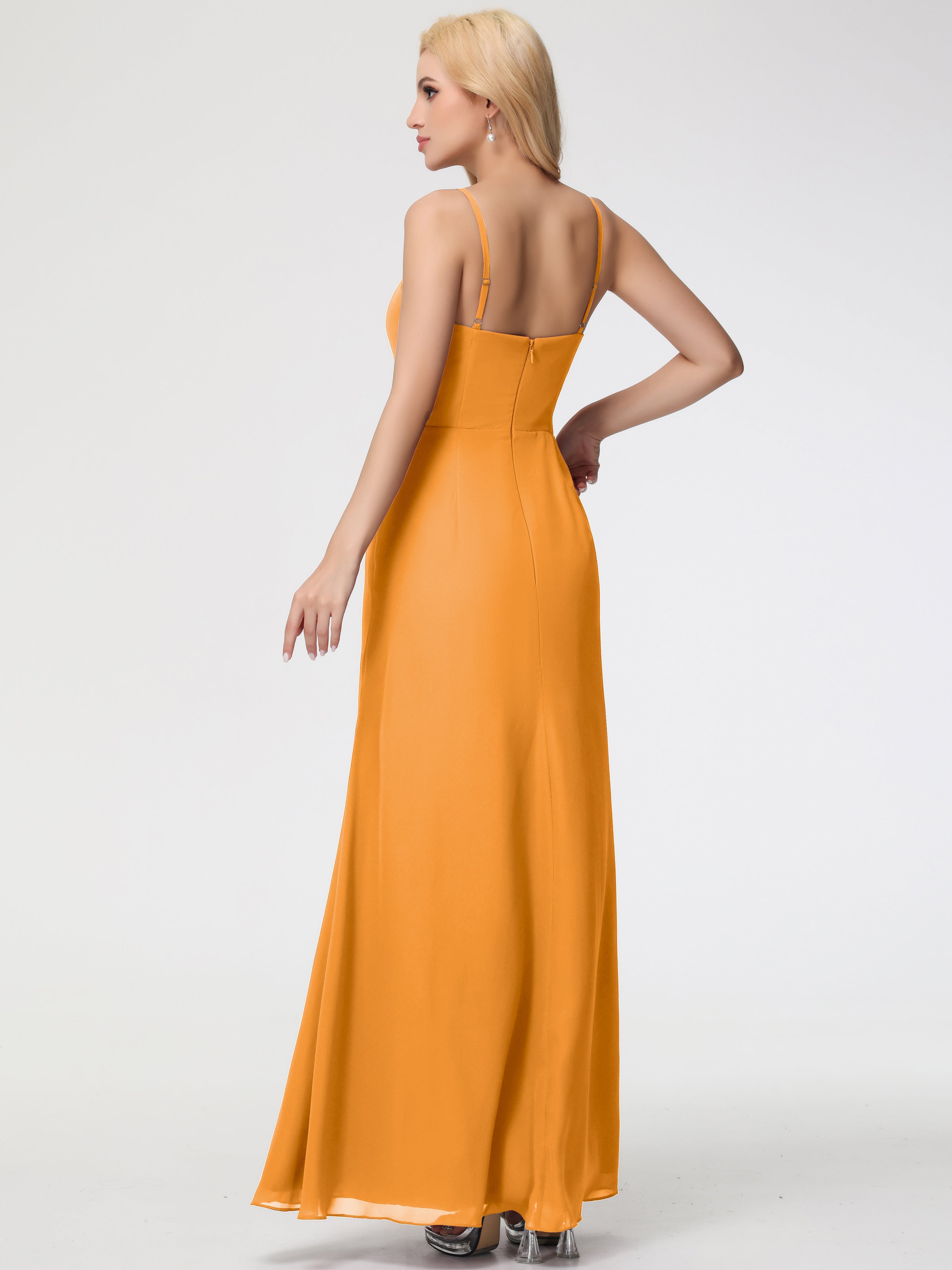 Robes De Demoiselle D'Honneur Mandarine Bretelles Spaghetti Fendue Fourreau/Colonne Mousseline Robe Demoiselle D'Honneur