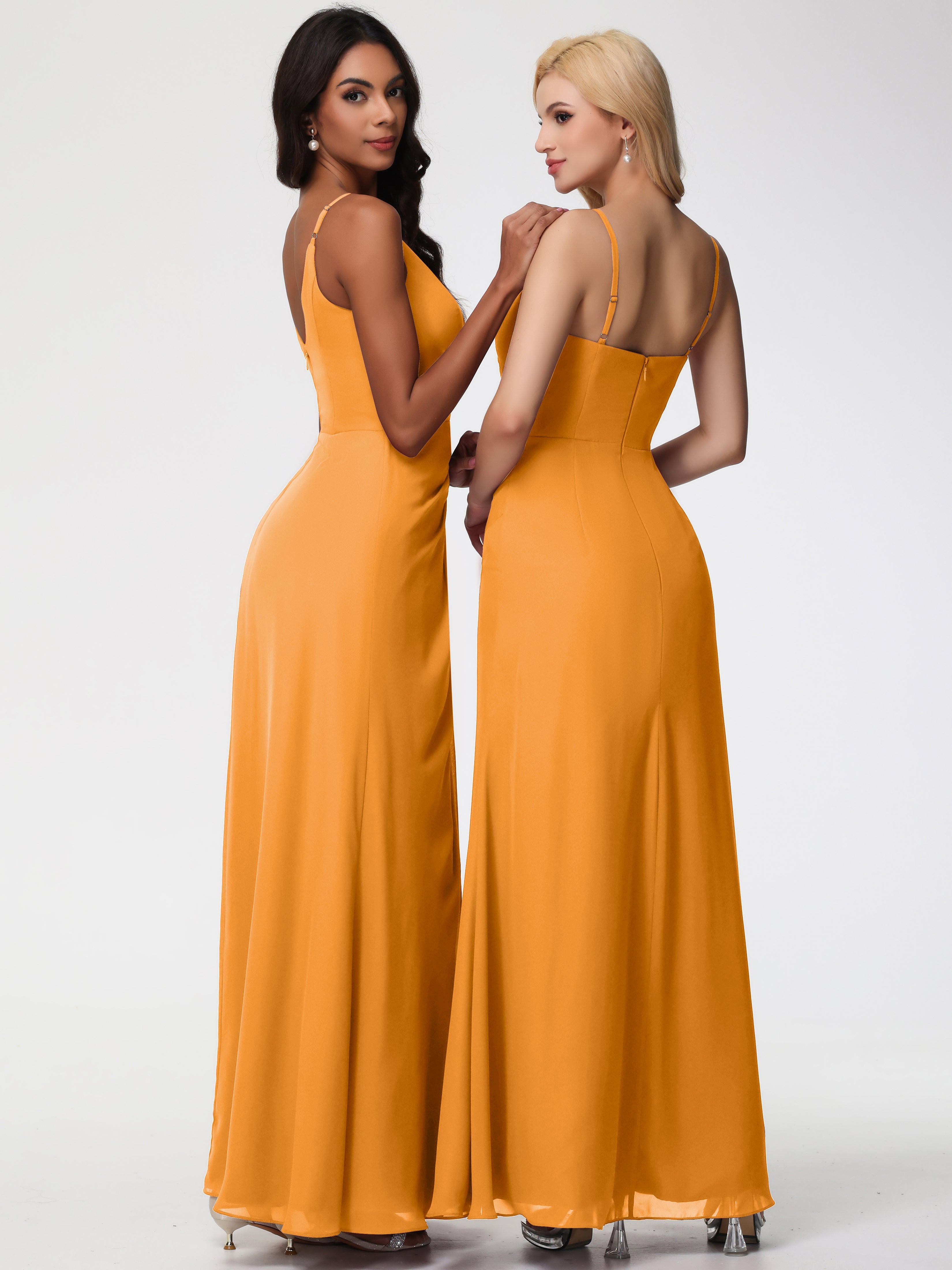 Robes De Demoiselle D'Honneur Mandarine Bretelles Spaghetti Fendue Fourreau/Colonne Mousseline Robe Demoiselle D'Honneur