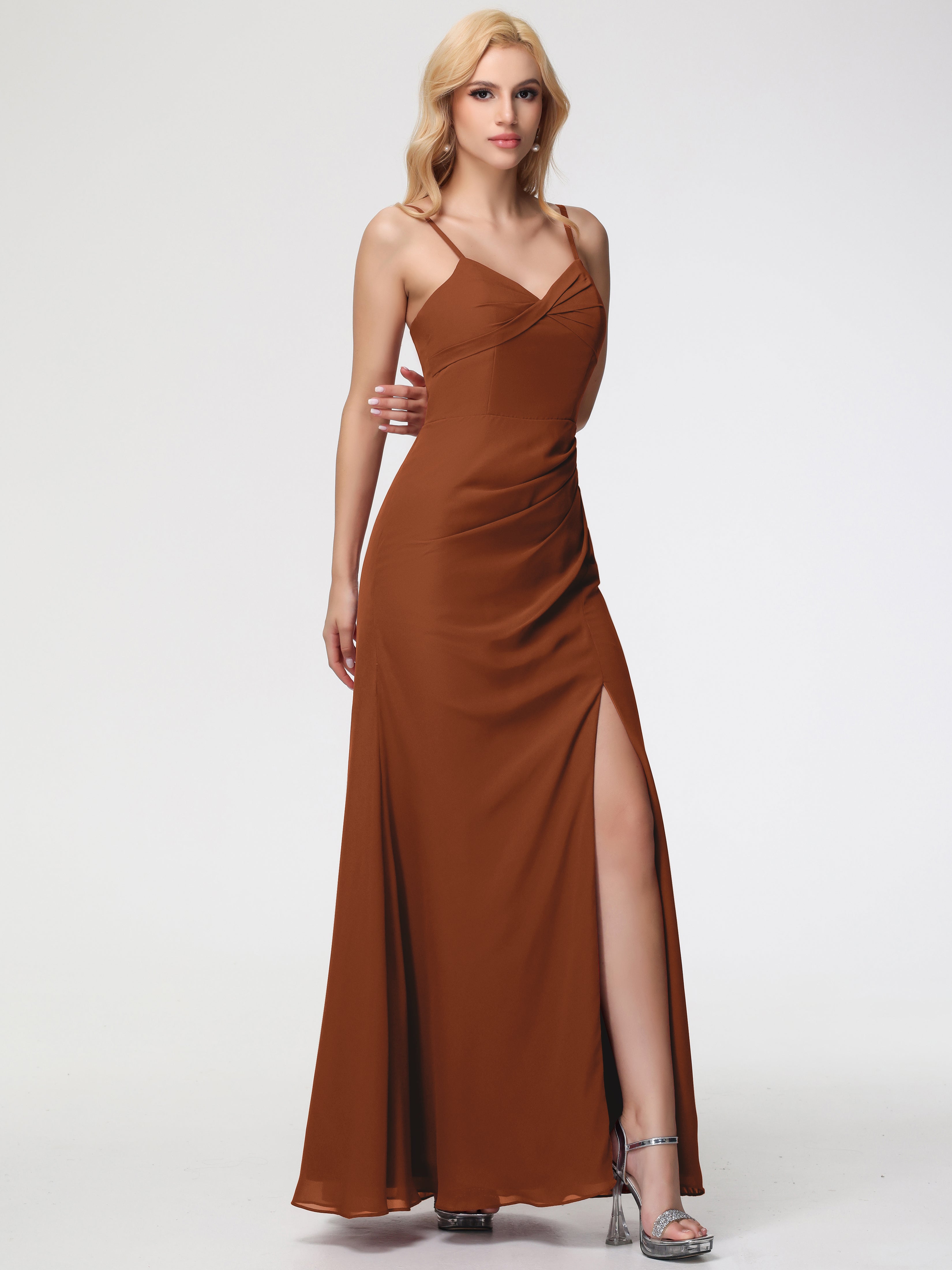 Demoiselle Robe Terracotta Mariage Bretelles Spaghetti Fendue Fourreau/Colonne Mousseline Robe Demoiselle D'Honneur