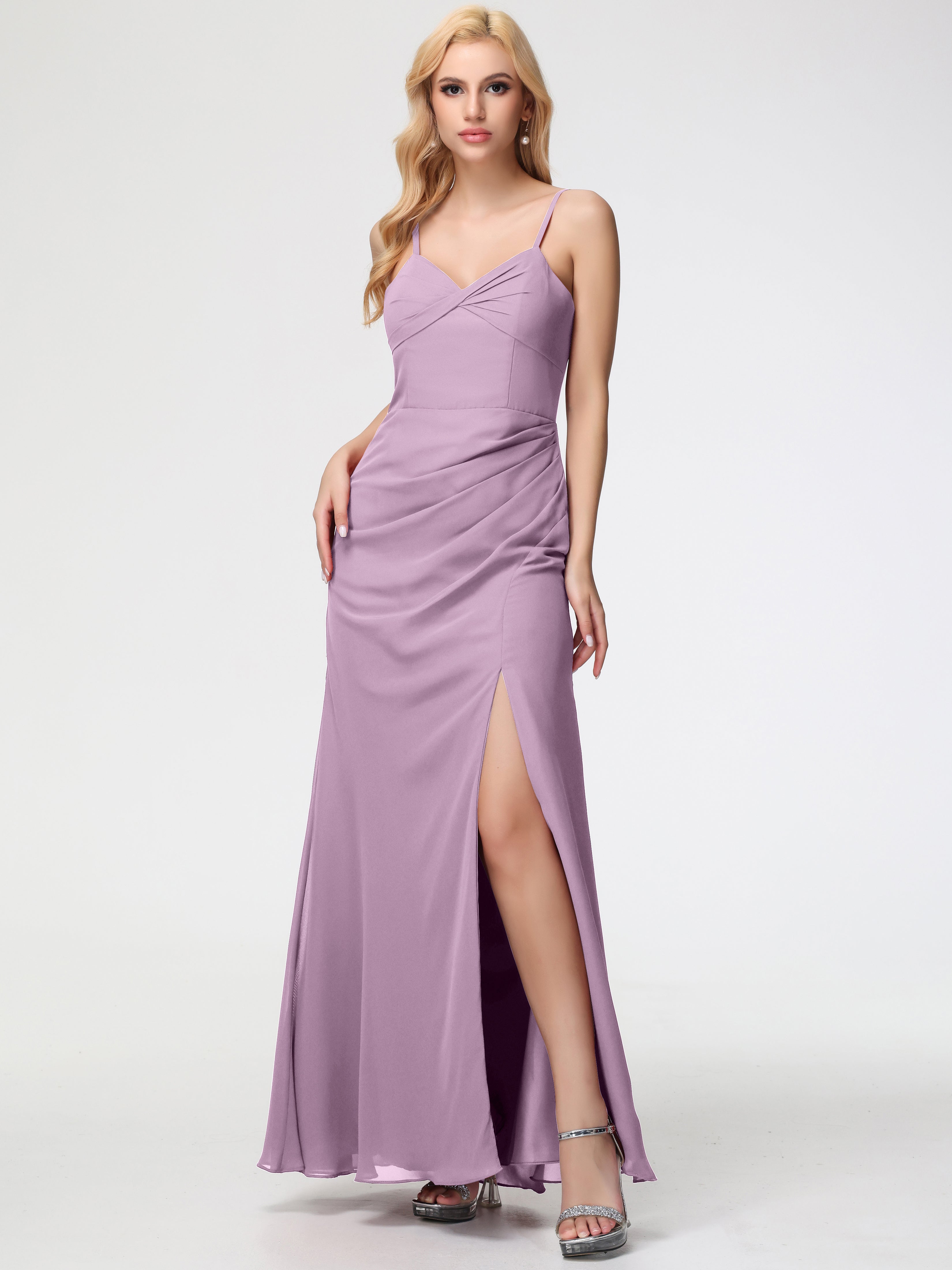 Robes De Demoiselle D'Honneur Glycine Bretelles Spaghetti Fendue Fourreau/Colonne Mousseline Robe Demoiselle D'Honneur