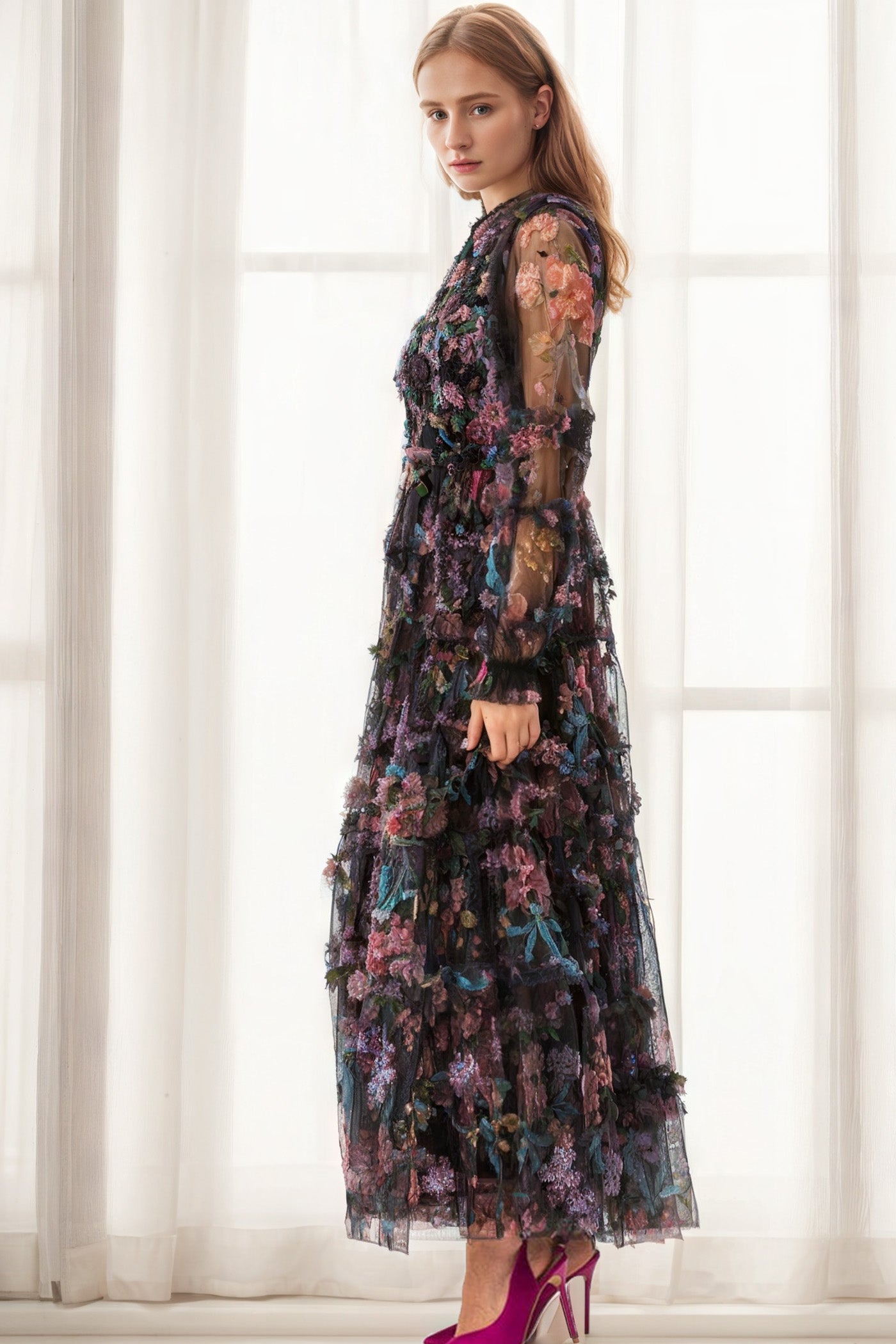 Trapèzes Longueur Ras de la Cheville Manche Longue Florale Tulle Robes Invitée de Mariage en NOIR