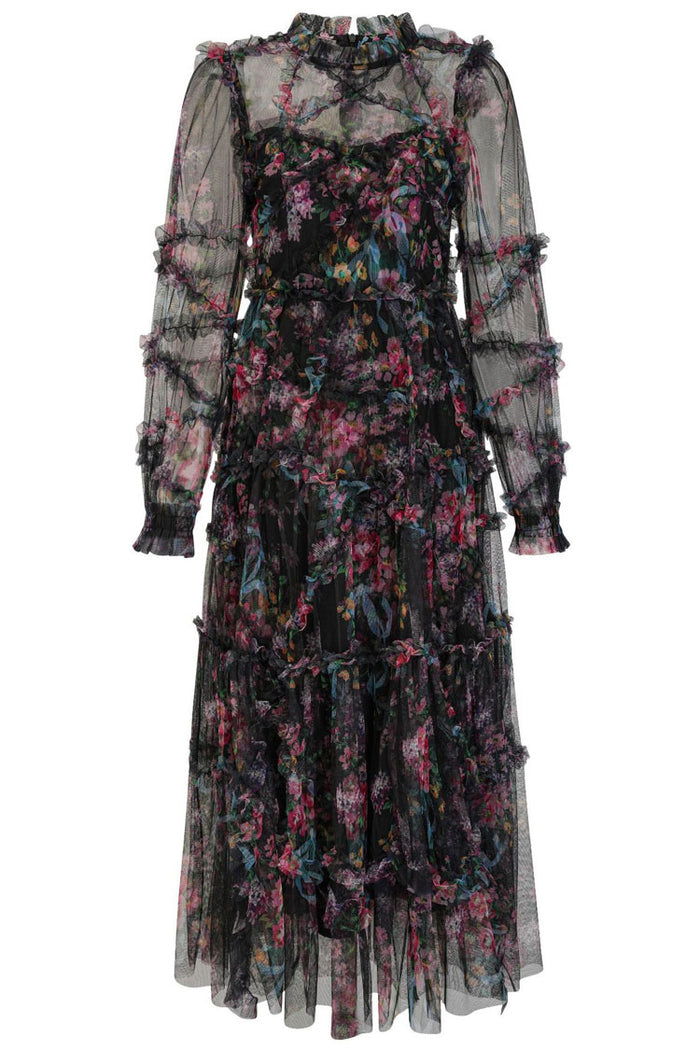 Trapèzes Longueur Ras de la Cheville Manche Longue Florale Tulle Robes Invitée de Mariage en NOIR