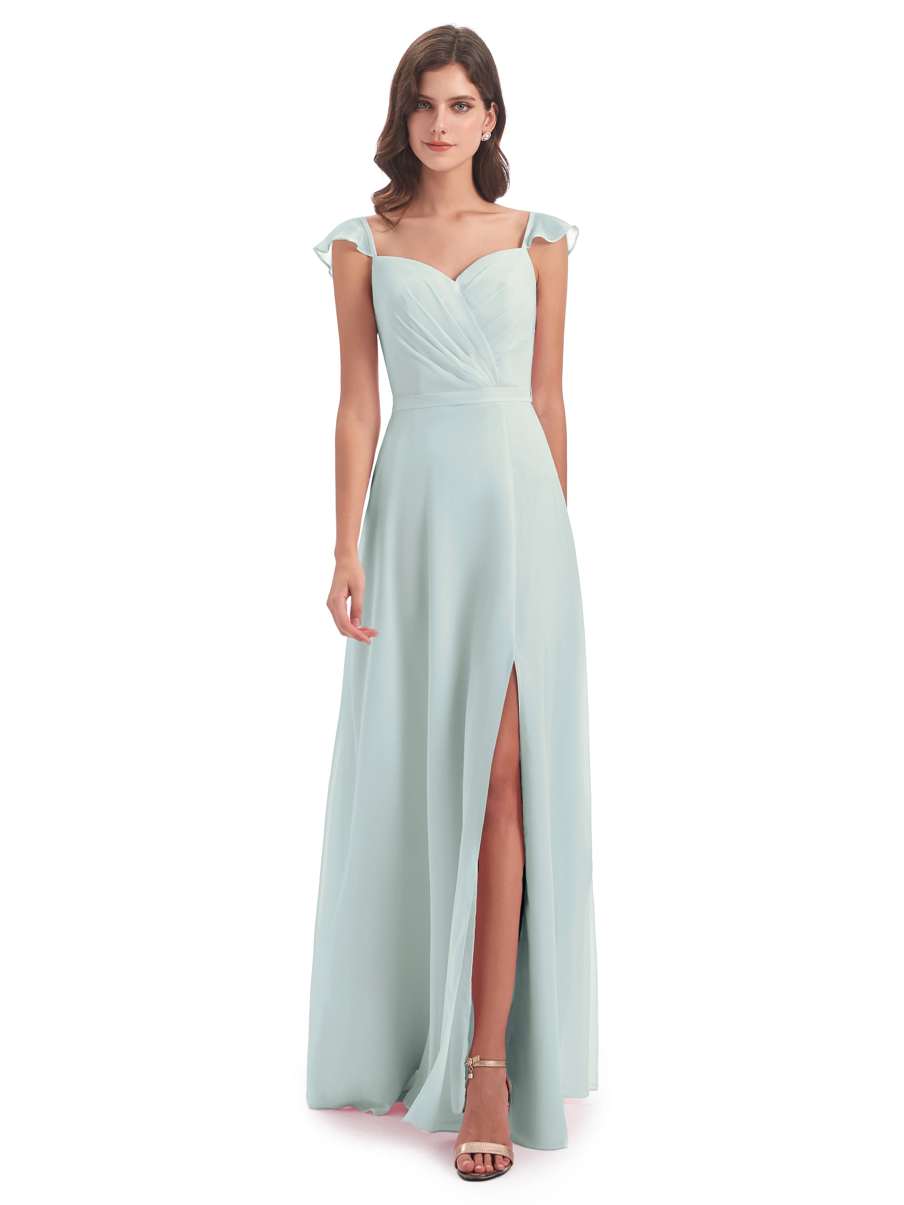 Robe Demoiselle D Honneur Celadon Fourreau/Colonne Mancherons Fendue Devant Robes Demoiselle D'Honneur