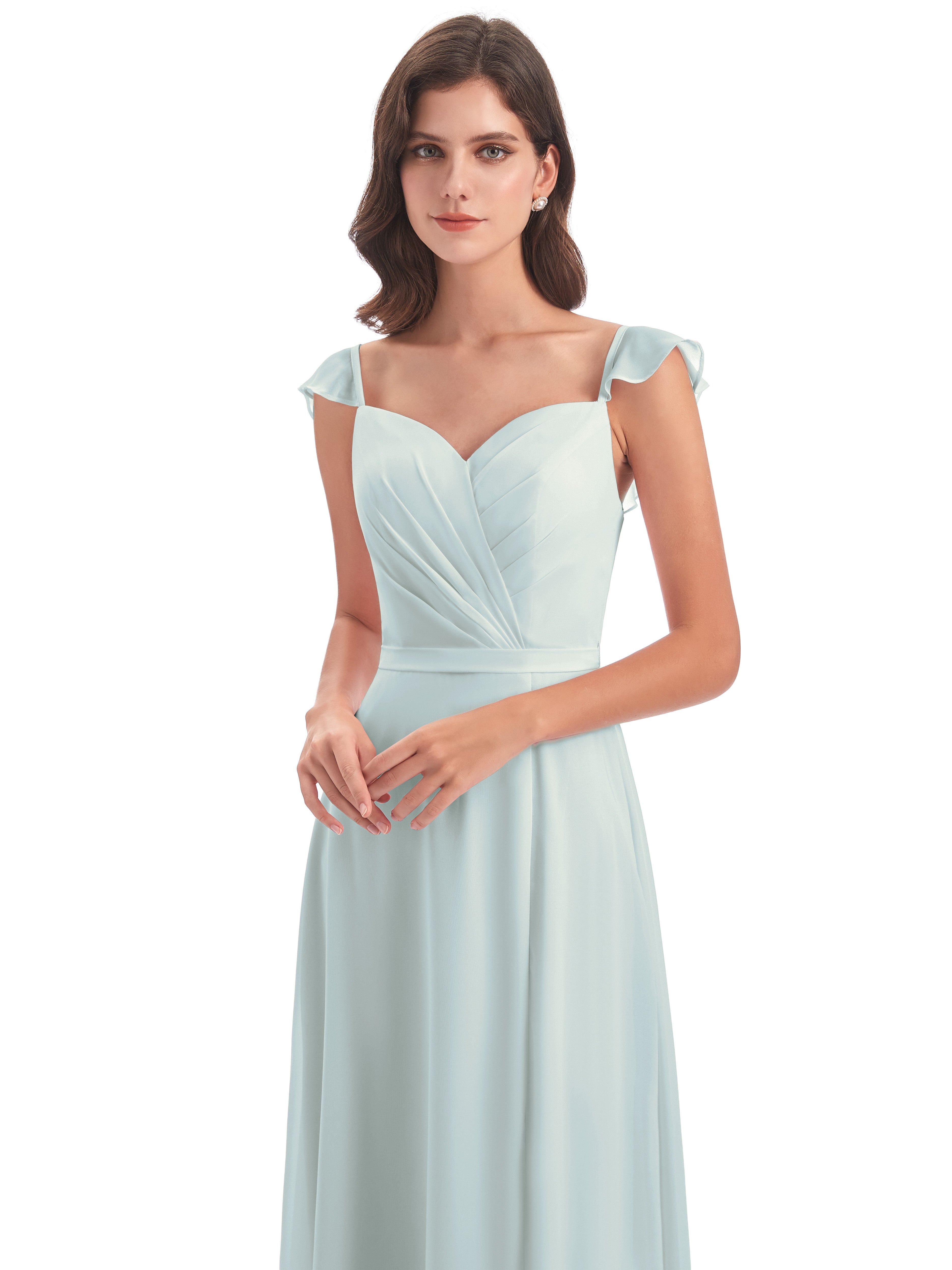 Robe Demoiselle D Honneur Celadon Fourreau/Colonne Mancherons Fendue Devant Robes Demoiselle D'Honneur